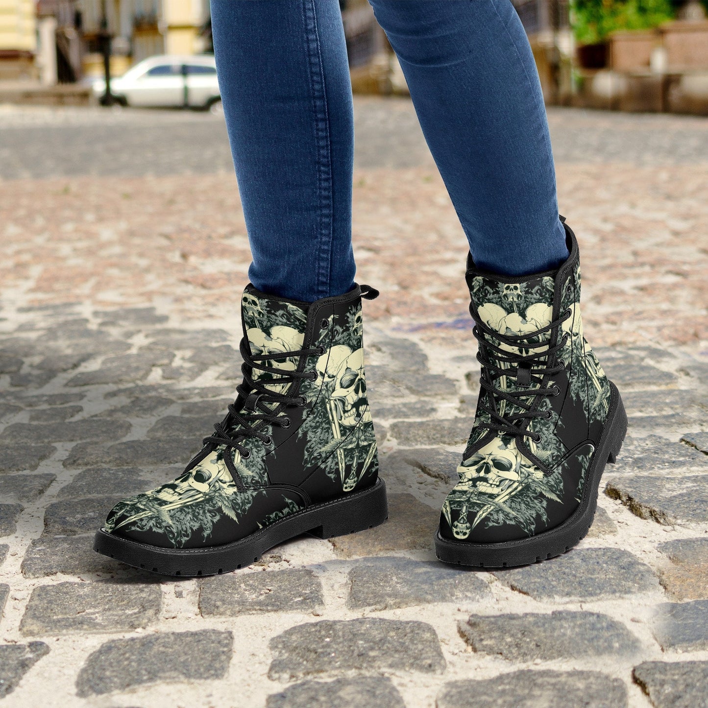Gothic skull leather boots, Halloween skull boots for men, flame skull boots for women, skull floral boots horror skeleton men women boots