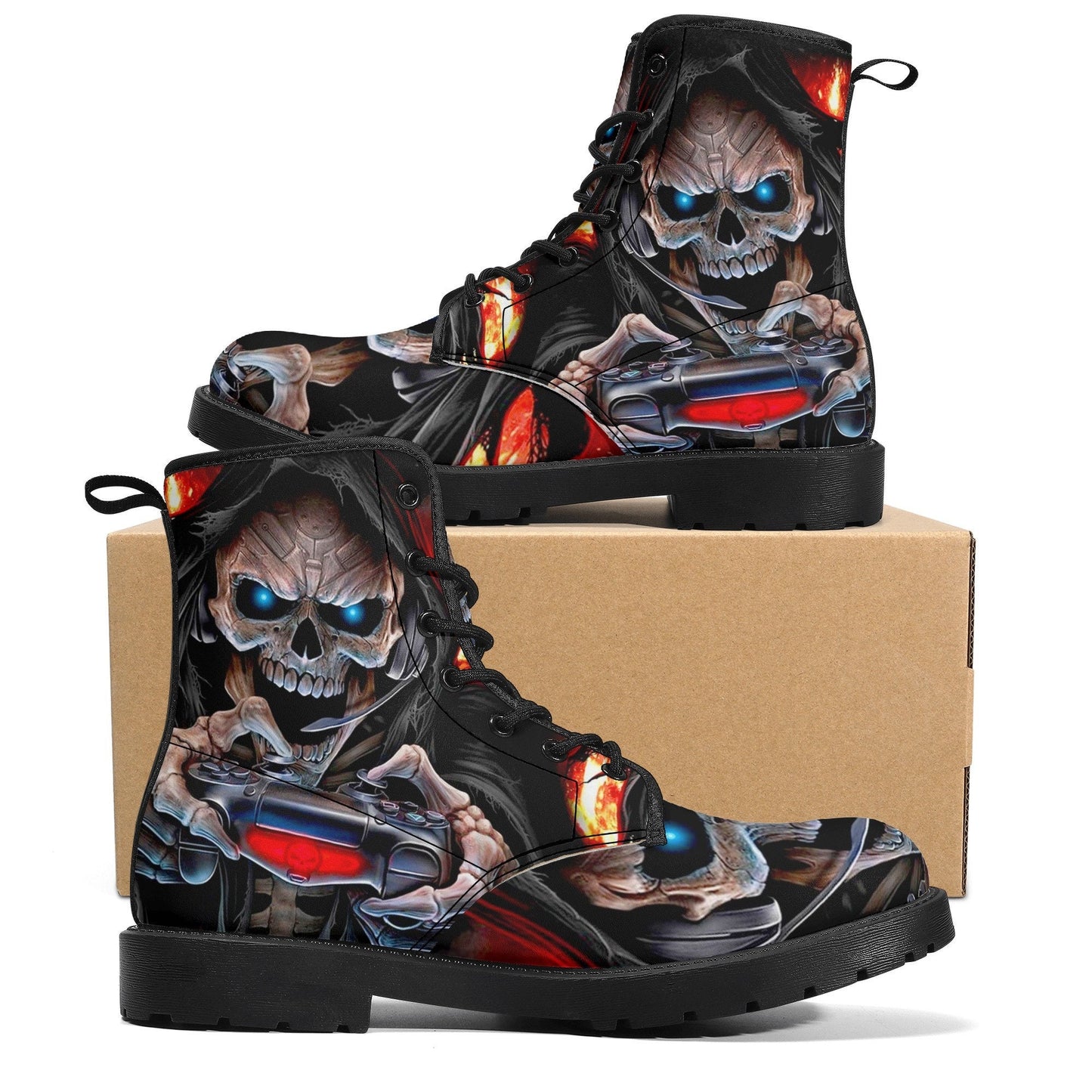 Game never die skull boots for men women shoes, Gaming skull boots for men women, skeleton men boots, Halloween Christmas evil leather boots