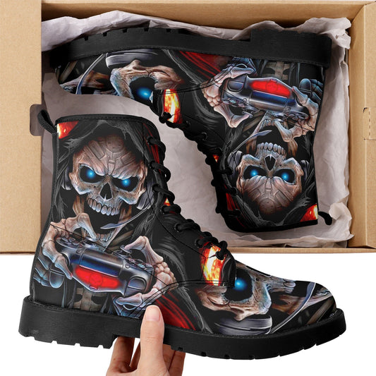 Game never die skull boots for men women shoes, Gaming skull boots for men women, skeleton men boots, Halloween Christmas evil leather boots