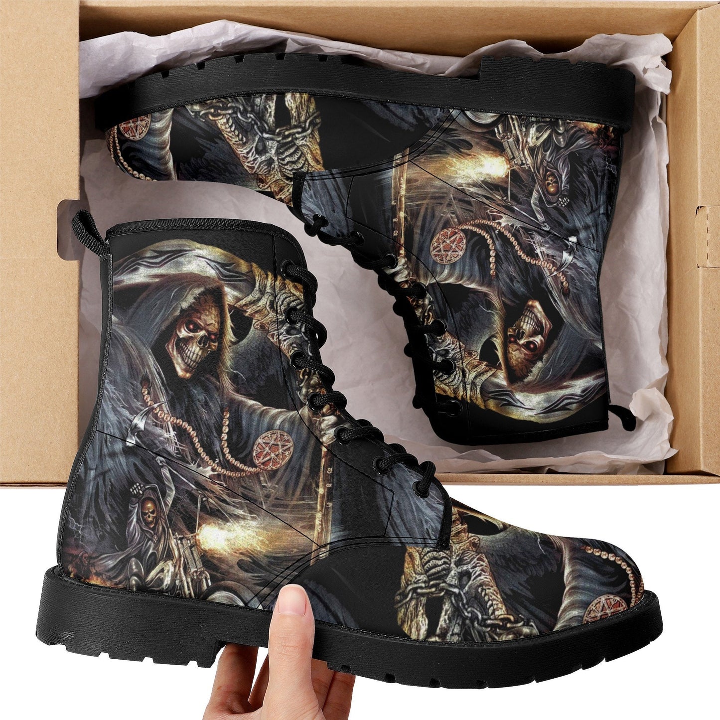 Grim reaper skull horror boots for men women shoes, Gothic skeleton boots for men, Nightmare before Christmas Spooky Halloween leather boots