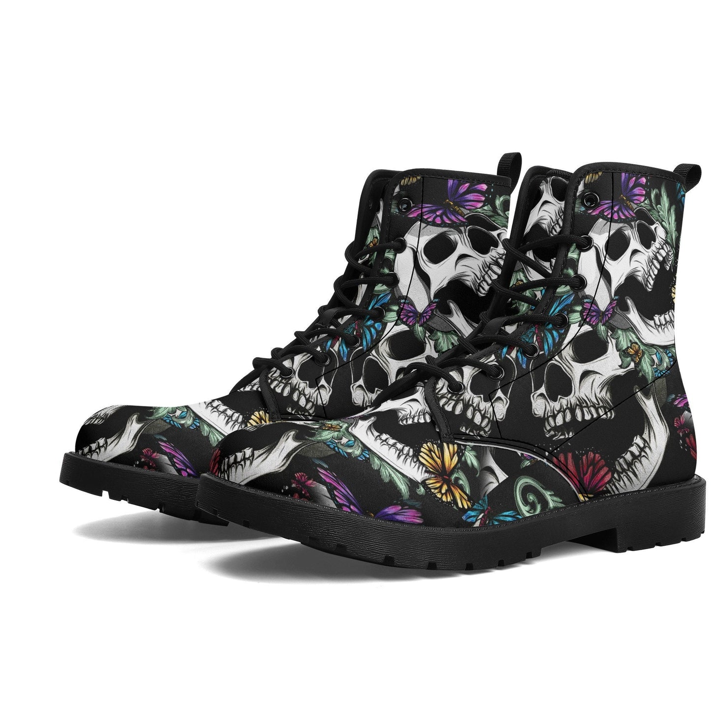 Floral skull horror boots for men women shoes, Gothic skeleton boots for men Gothic Platform Skull Boots, rose skull Halloween leather boots