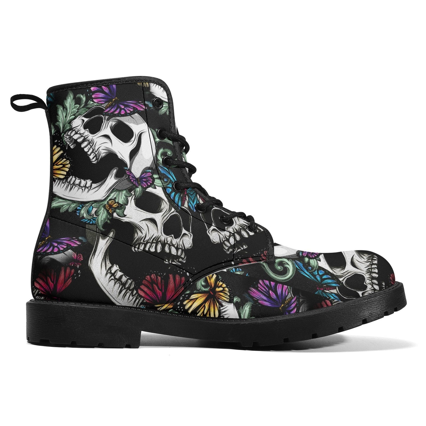 Floral skull horror boots for men women shoes, Gothic skeleton boots for men Gothic Platform Skull Boots, rose skull Halloween leather boots