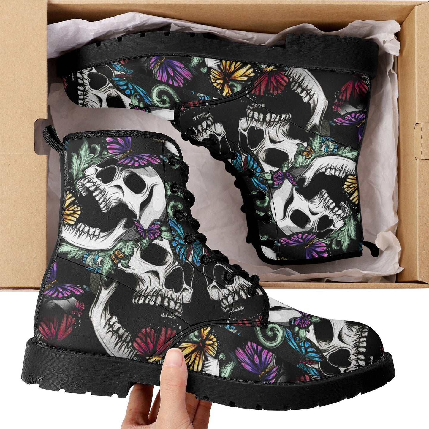 Floral skull horror boots for men women shoes, Gothic skeleton boots for men Gothic Platform Skull Boots, rose skull Halloween leather boots