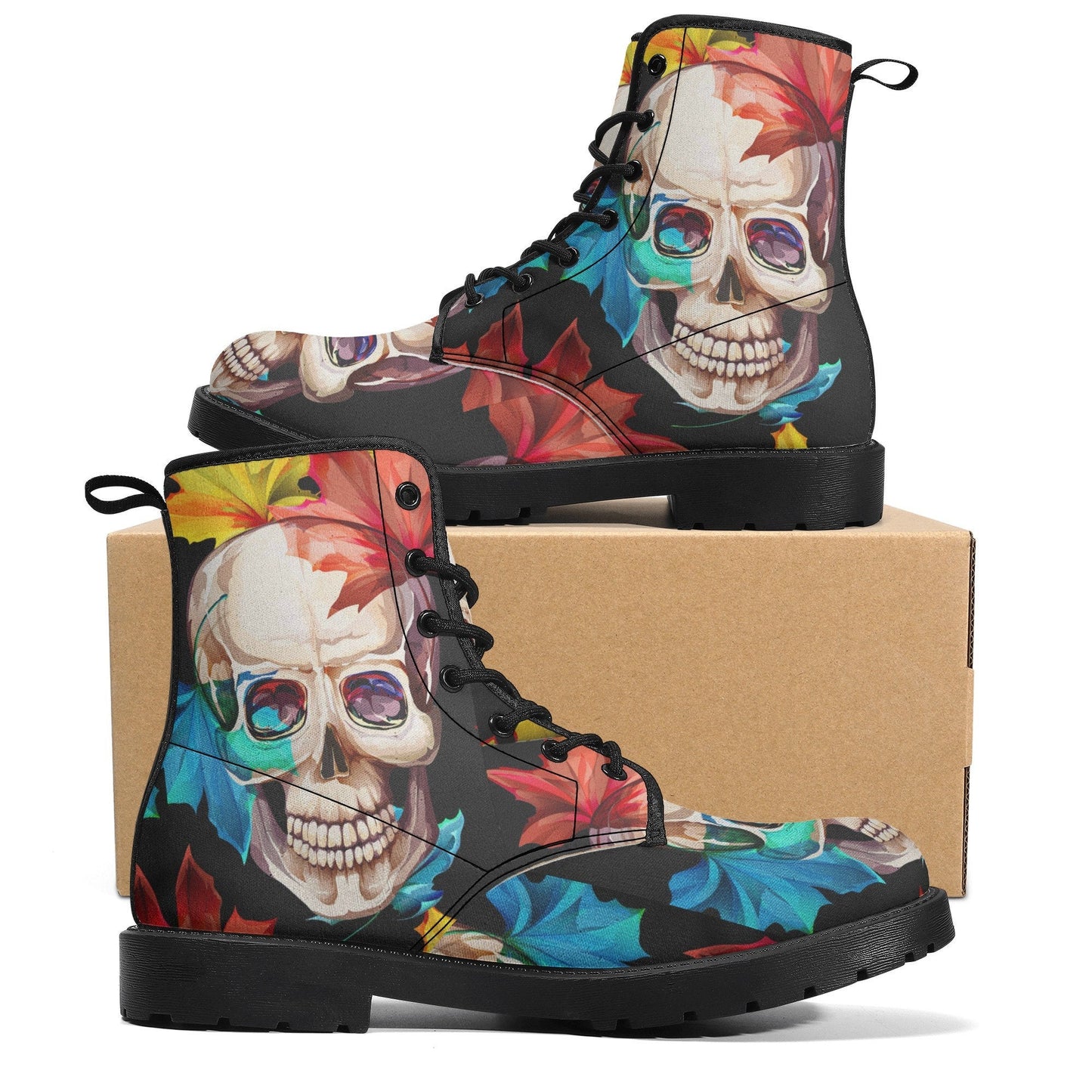 Floral skull skull boots for men women shoes, Flower skeleton boots for men, Skull  Christmas Halloween leather boots for men, Reaper boots
