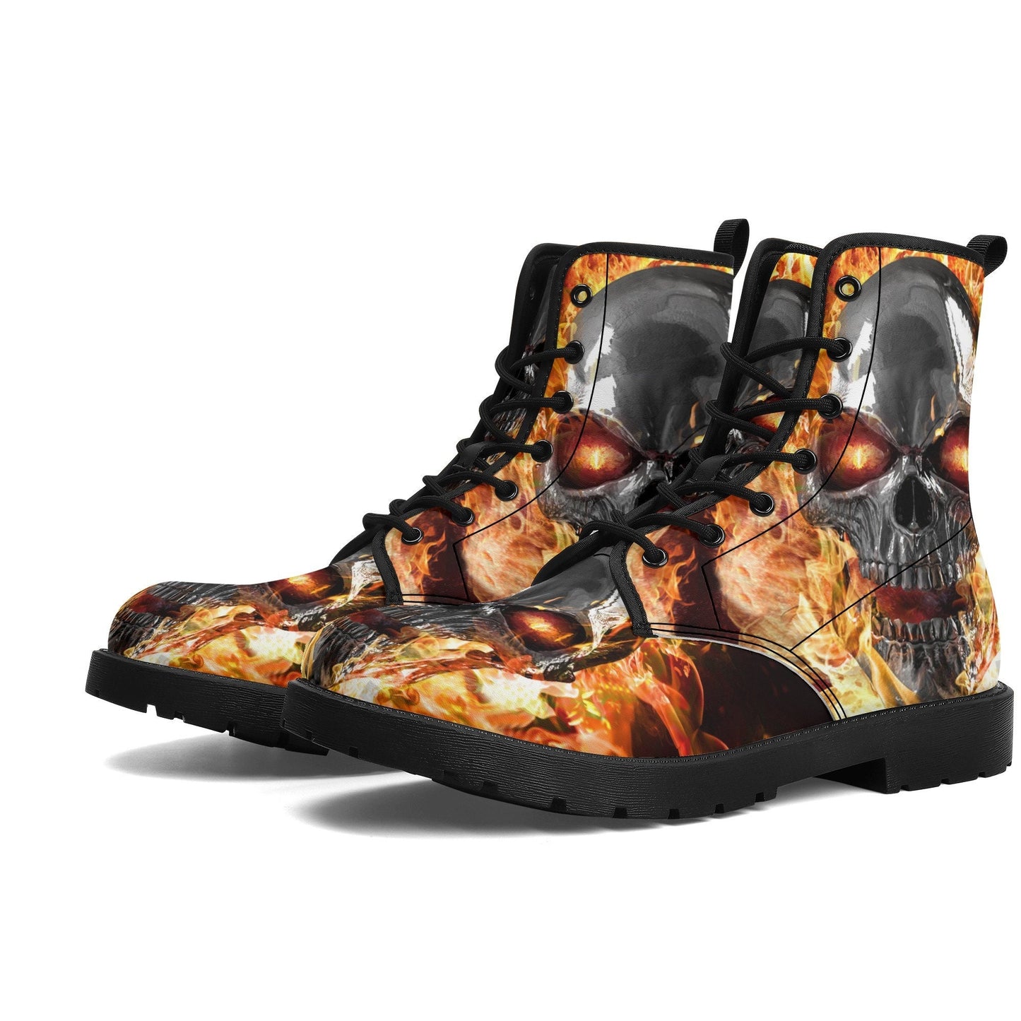 Flame skull grim reaper boots for men women, Flaming skull gothic women boots skeleton boots, Halloween Christmas leather skull boots shoes