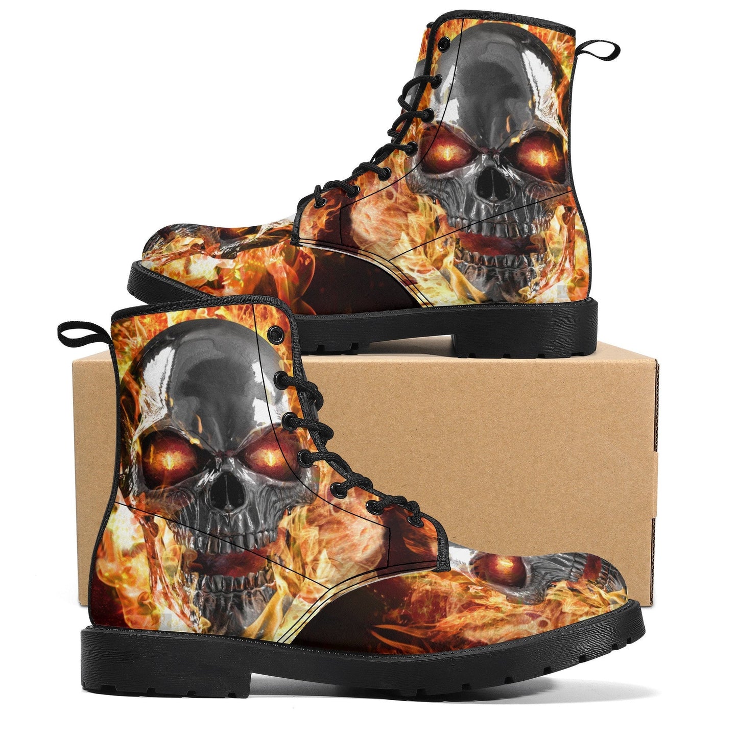 Flame skull grim reaper boots for men women, Flaming skull gothic women boots skeleton boots, Halloween Christmas leather skull boots shoes