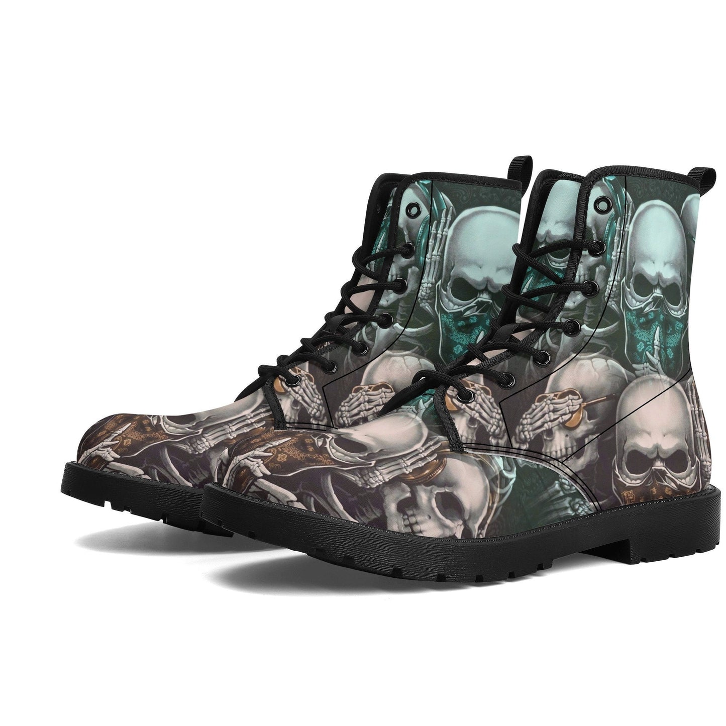 No see no hear no speak skull boots for men women skull gothic men women boots skeleton boots, Halloween Christmas leather skull boots shoes