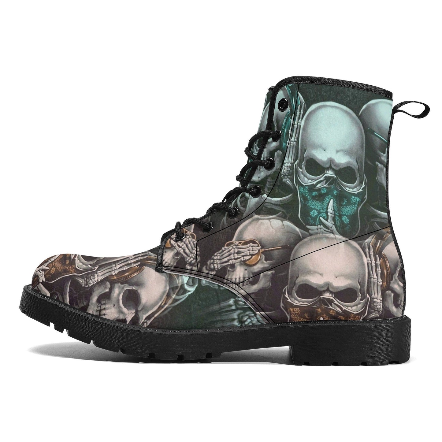 No see no hear no speak skull boots for men women skull gothic men women boots skeleton boots, Halloween Christmas leather skull boots shoes