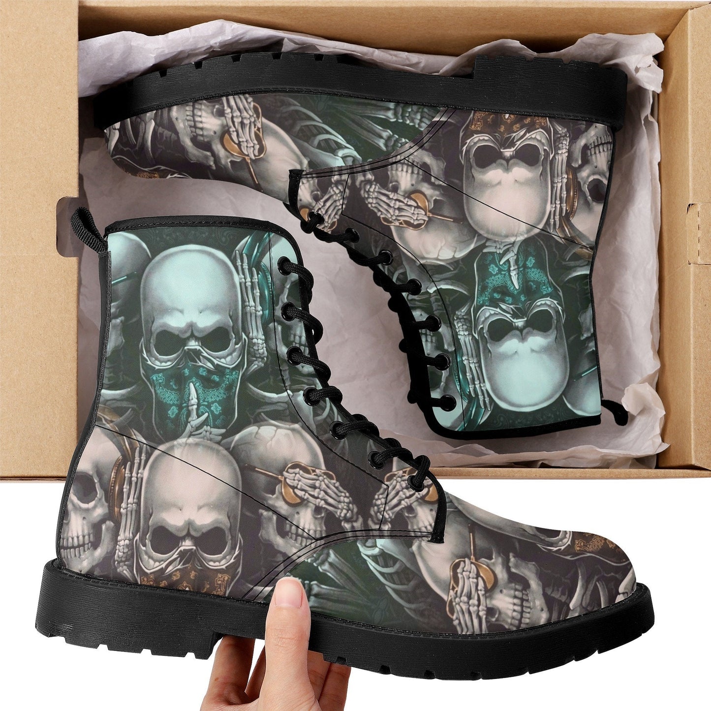 No see no hear no speak skull boots for men women skull gothic men women boots skeleton boots, Halloween Christmas leather skull boots shoes