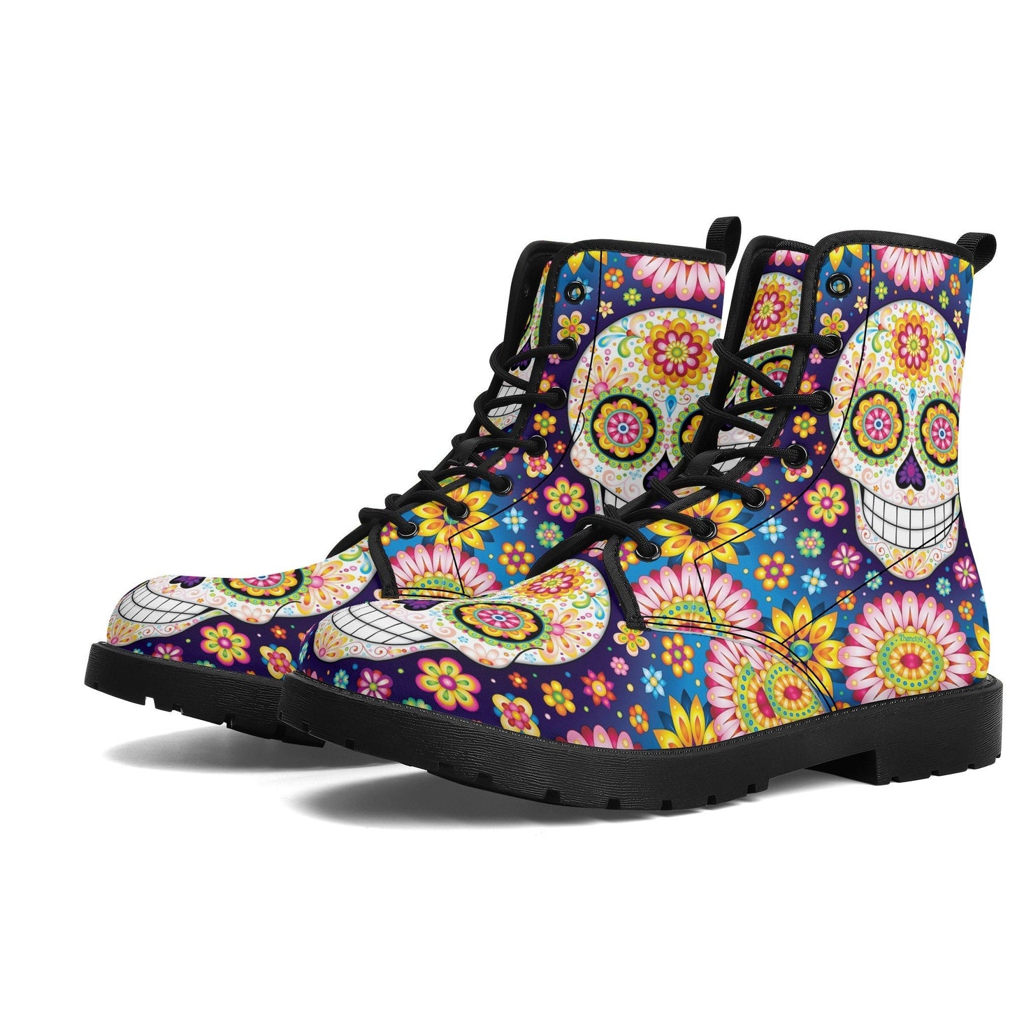 Sugar skull day of the dead leather boots, Candy Mexico skull boots for men women, Dia de los muertos skull boots shoes, Floral skull boots