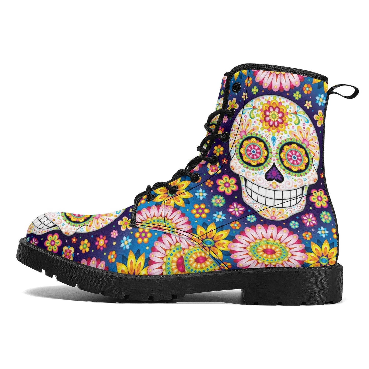 Sugar skull day of the dead leather boots, Candy Mexico skull boots for men women, Dia de los muertos skull boots shoes, Floral skull boots