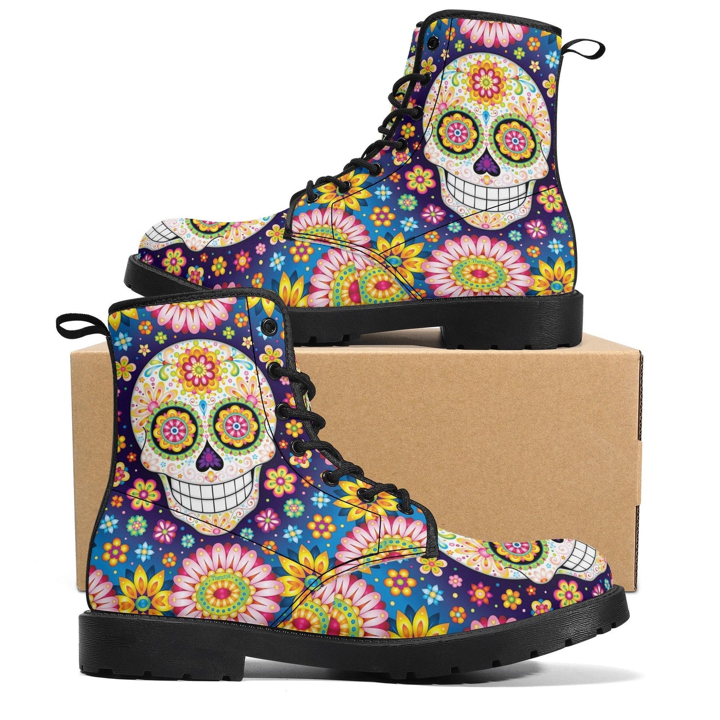 Sugar skull day of the dead leather boots, Candy Mexico skull boots for men women, Dia de los muertos skull boots shoes, Floral skull boots