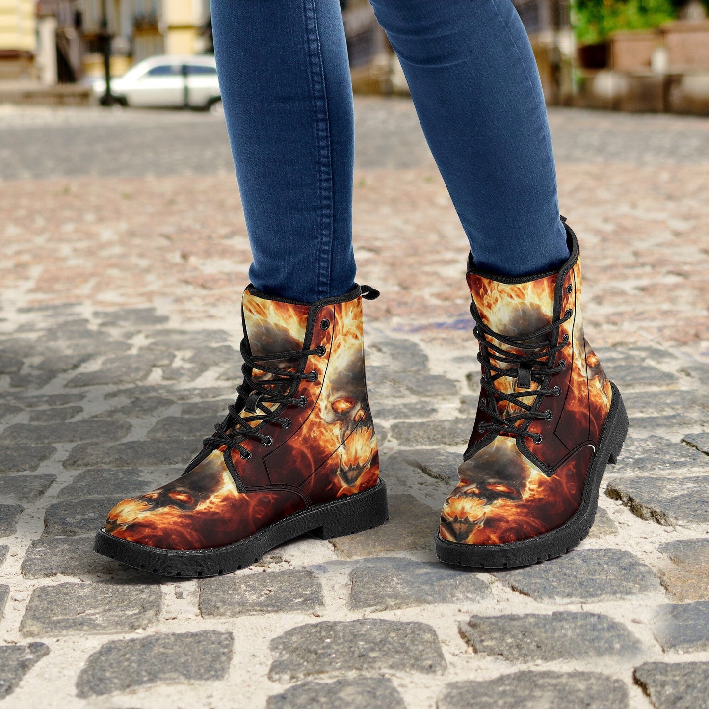 Flaming skull grim reaper boots for men women, Fire skull gothic women boots skeleton boots, Halloween Christmas leather skull boots shoes