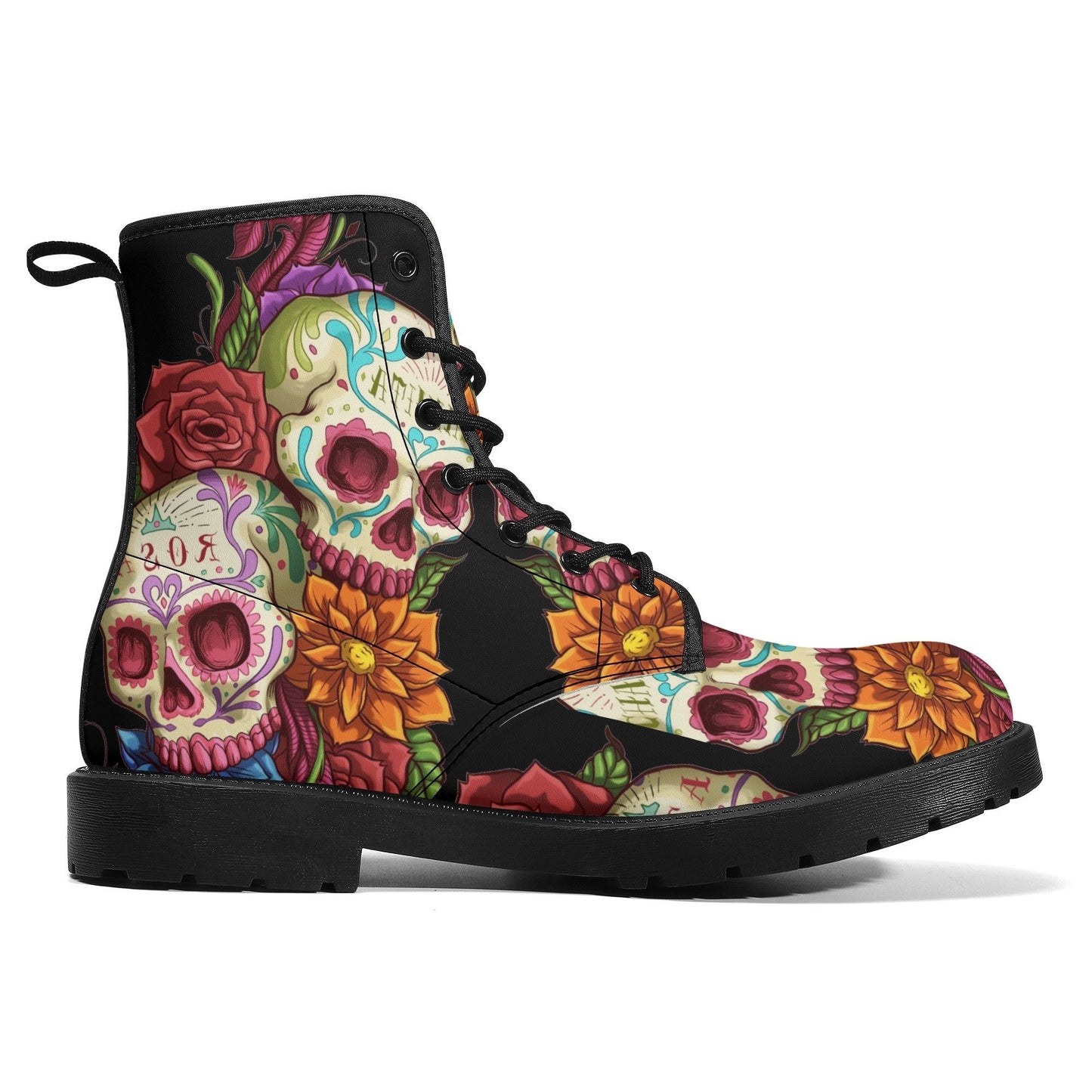 Candy skull day of the dead leather boots, Day of the dead skull boots men women, Dia de los muertos skull boots shoes, Floral skull boots