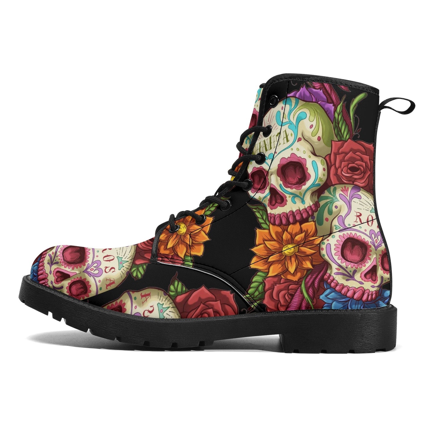 Candy skull day of the dead leather boots, Day of the dead skull boots men women, Dia de los muertos skull boots shoes, Floral skull boots