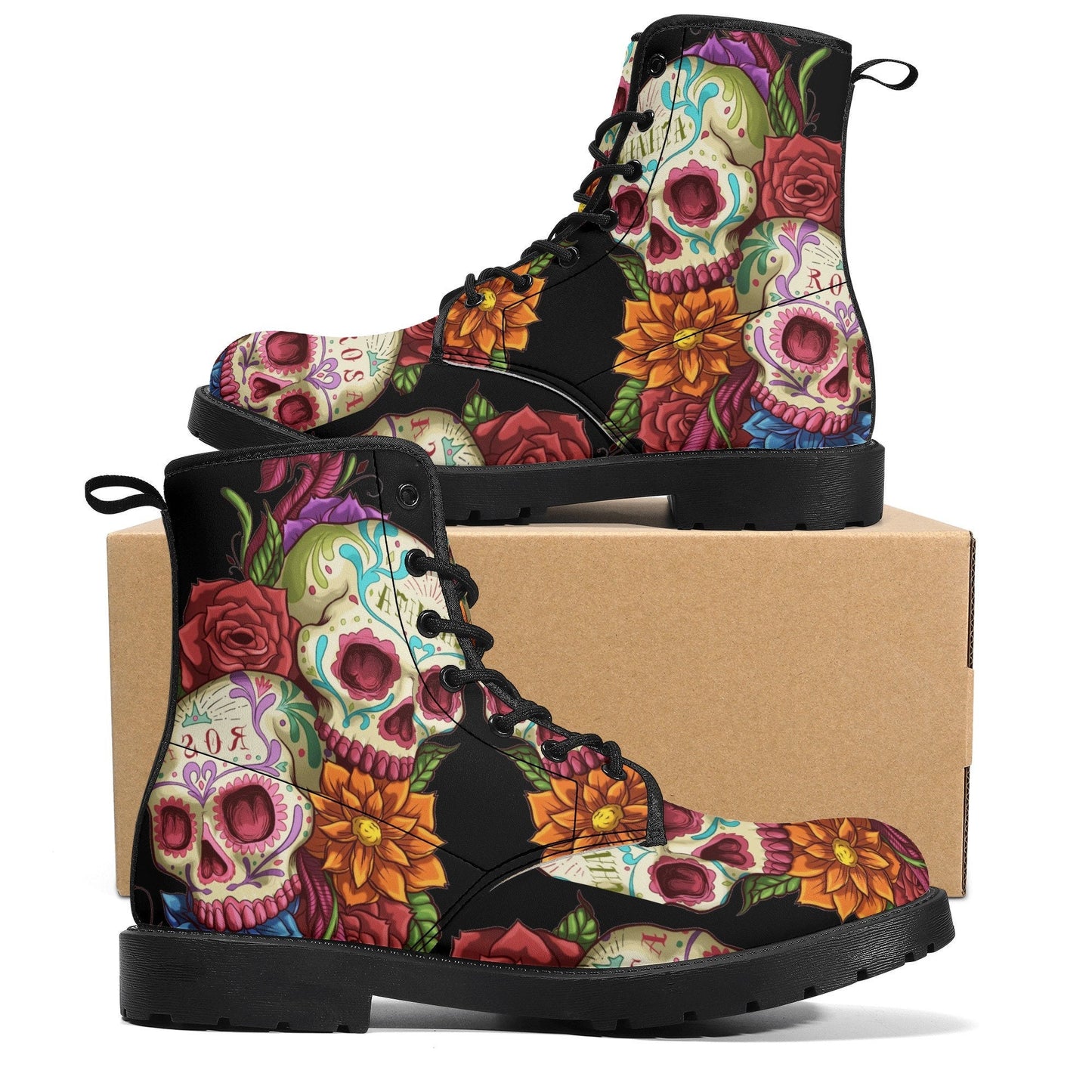 Candy skull day of the dead leather boots, Day of the dead skull boots men women, Dia de los muertos skull boots shoes, Floral skull boots