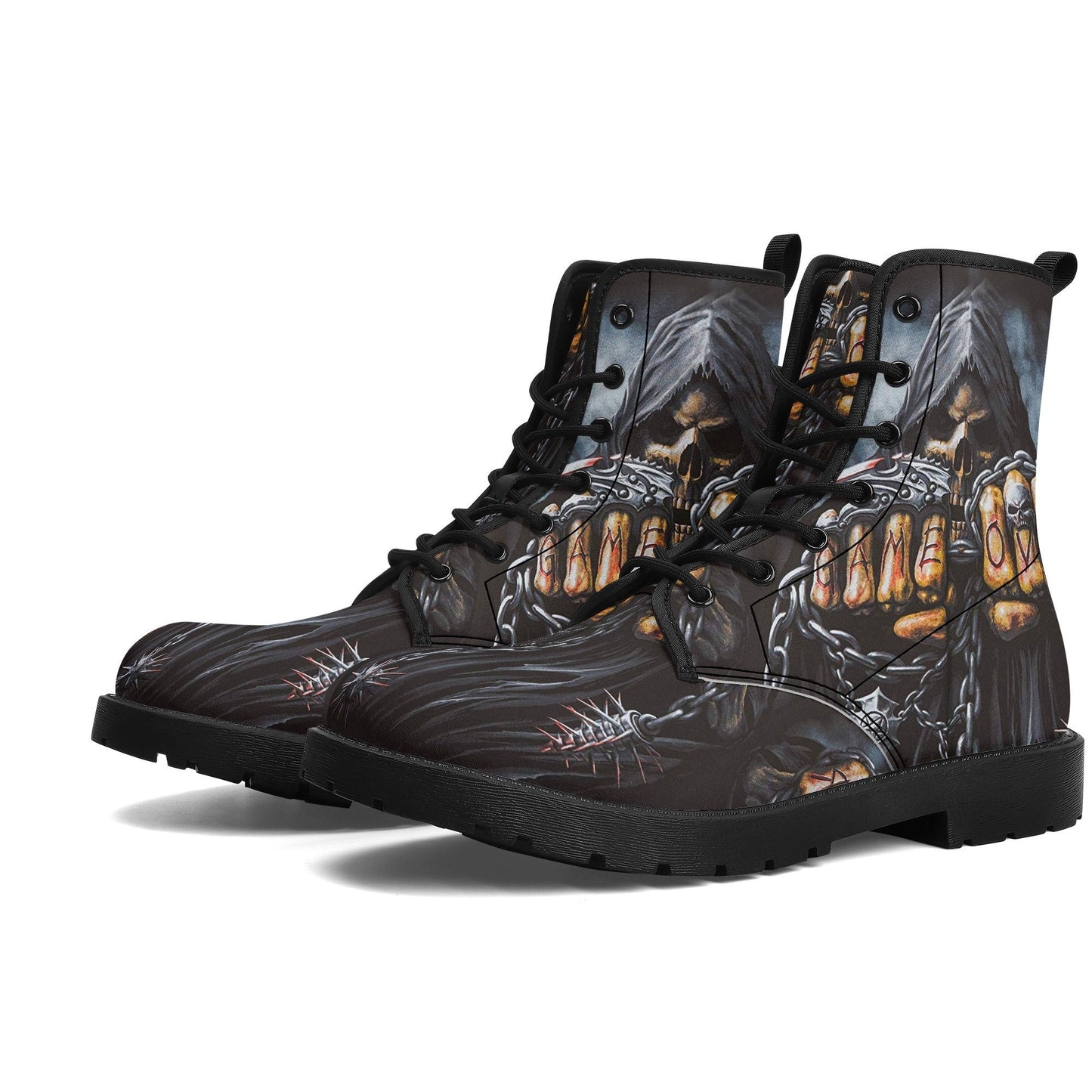 Game over reaper skull grim reaper boots for men women, grim reaper skeleton women boots skeleton boots, Halloween leather skull boots shoes