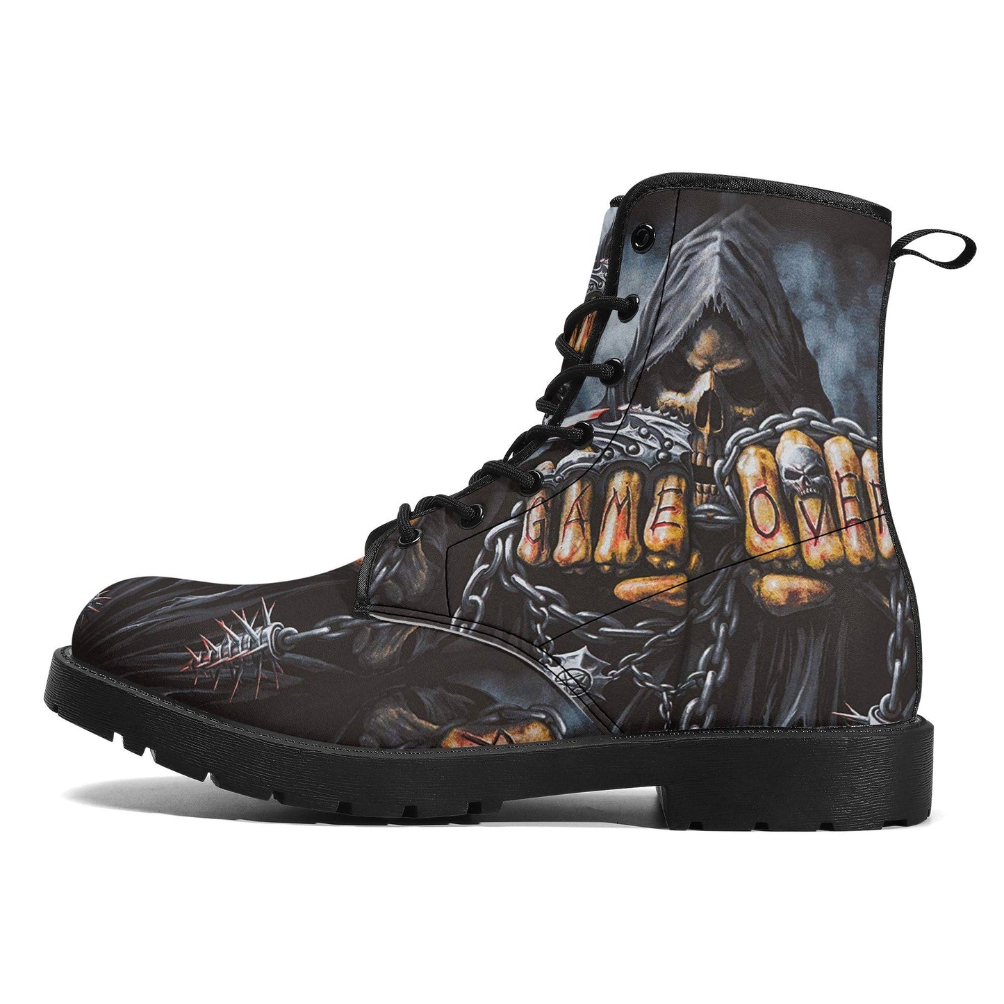 Game over reaper skull grim reaper boots for men women, grim reaper skeleton women boots skeleton boots, Halloween leather skull boots shoes
