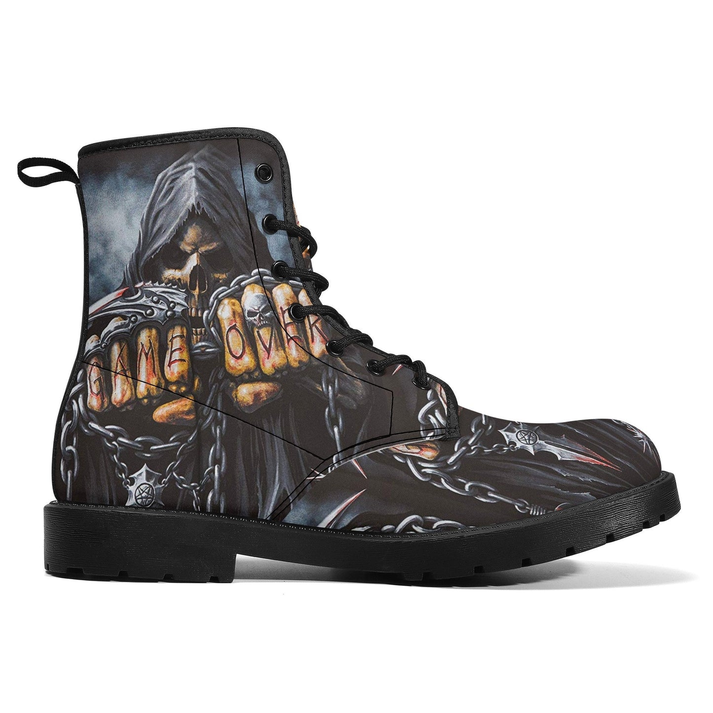 Game over reaper skull grim reaper boots for men women, grim reaper skeleton women boots skeleton boots, Halloween leather skull boots shoes