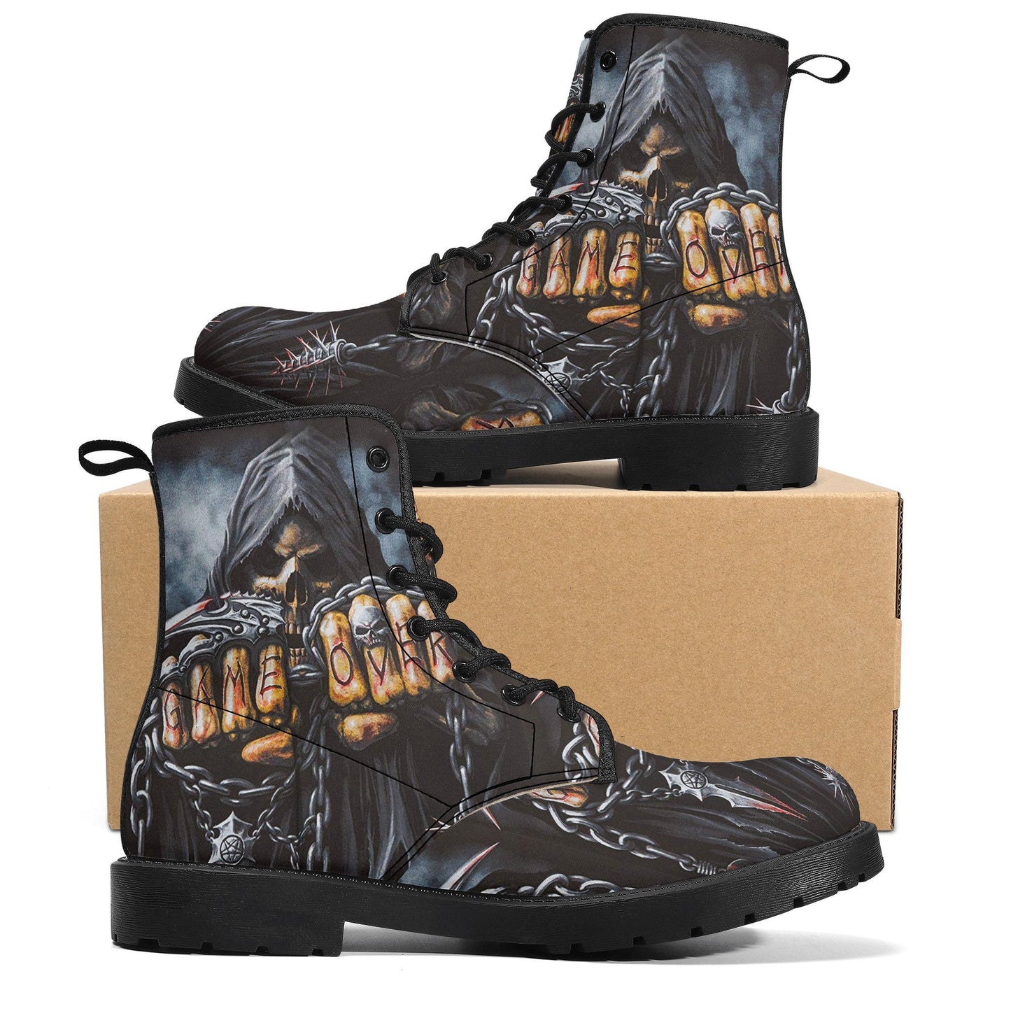 Game over reaper skull grim reaper boots for men women, grim reaper skeleton women boots skeleton boots, Halloween leather skull boots shoes