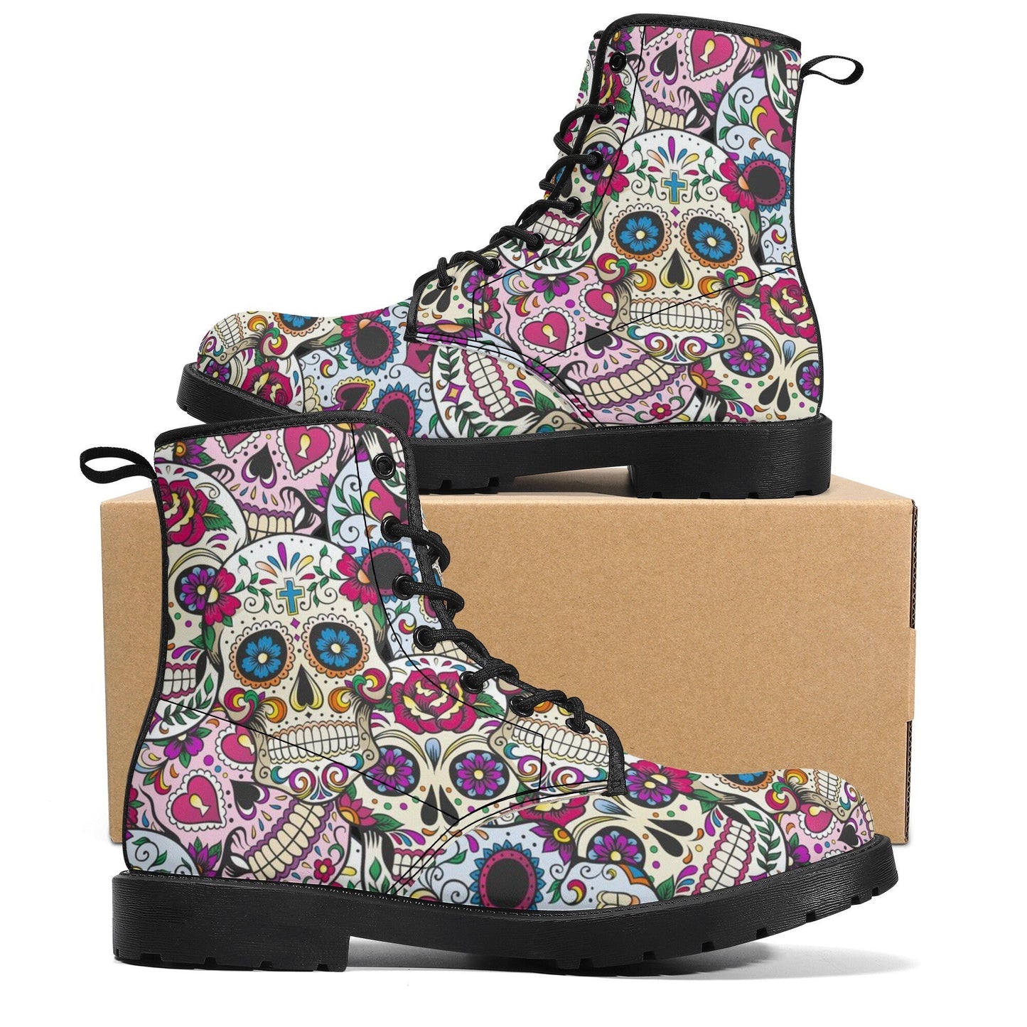 Day of the dead sugar skull leather boots, sugar skull boots for men women skull women's boots candy skull combat boots skull boots shoes