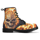 Flaming skull leather boots, fire skull boots for men women, Halloween skull women's boots skeleton boots, skull in fire leather boots shoes