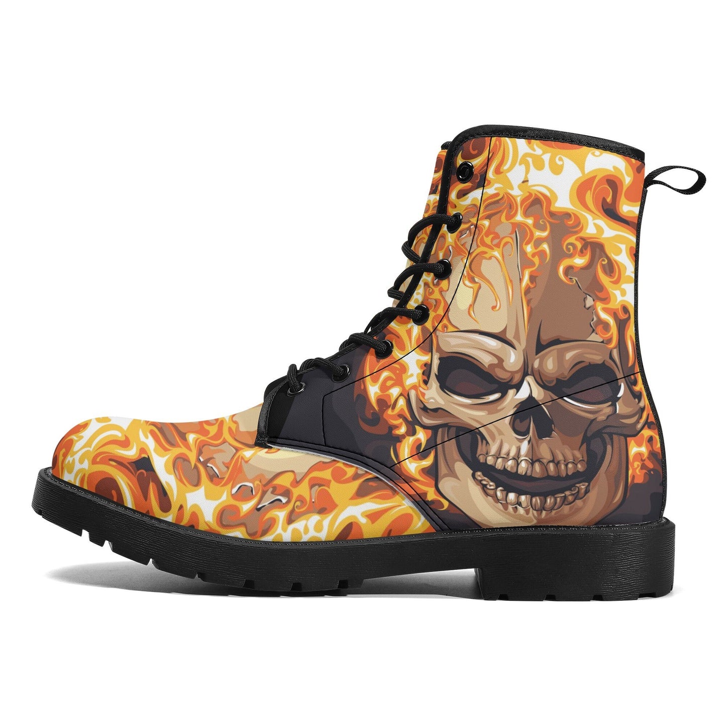 Flaming skull leather boots, fire skull boots for men women, Halloween skull women's boots skeleton boots, skull in fire leather boots shoes