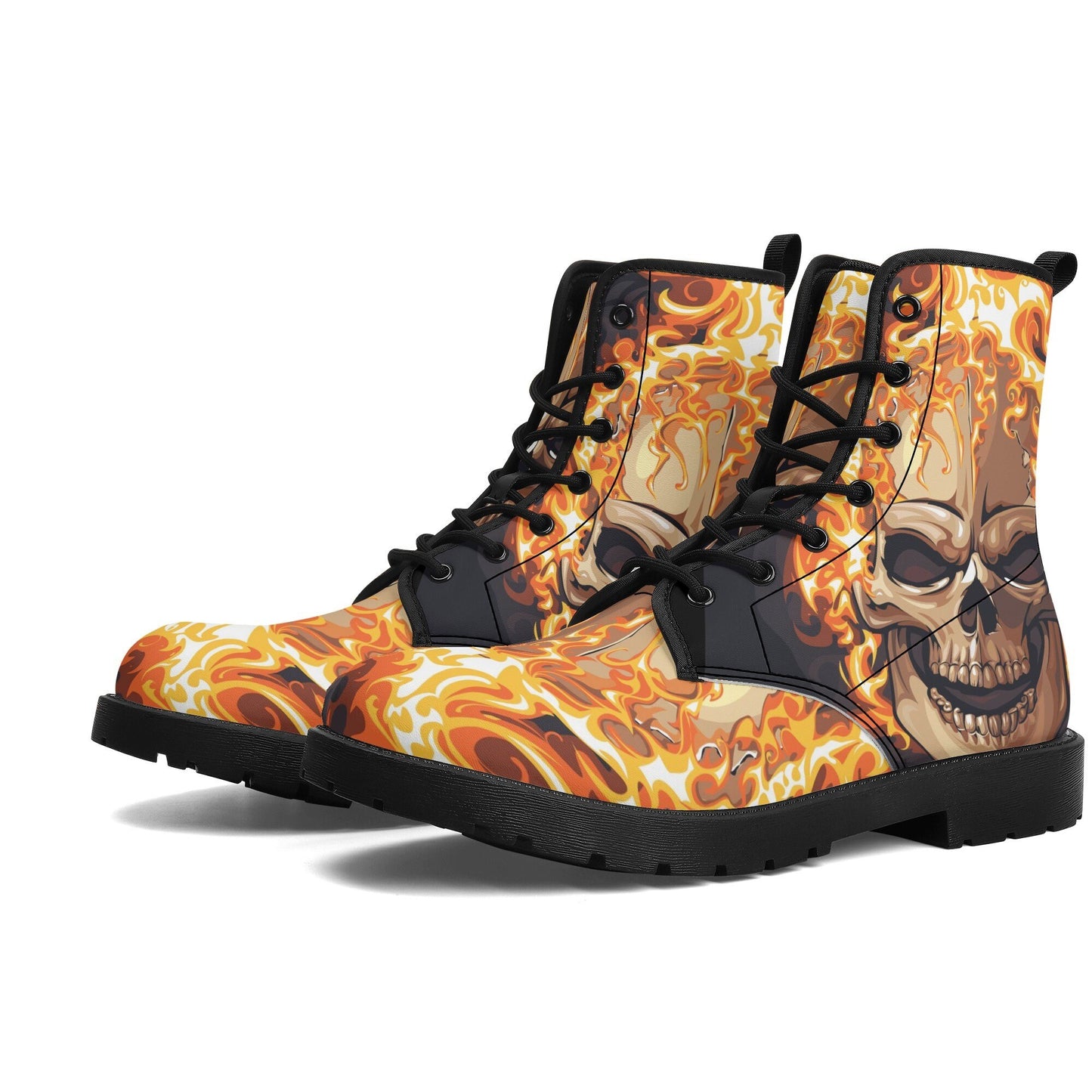 Flaming skull leather boots, fire skull boots for men women, Halloween skull women's boots skeleton boots, skull in fire leather boots shoes