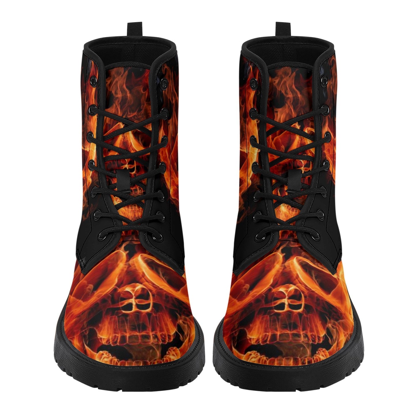 Flaming skull leather boots, fire skull boots for men women, Halloween skull women's boots skeleton boots, skull in fire leather boots shoes