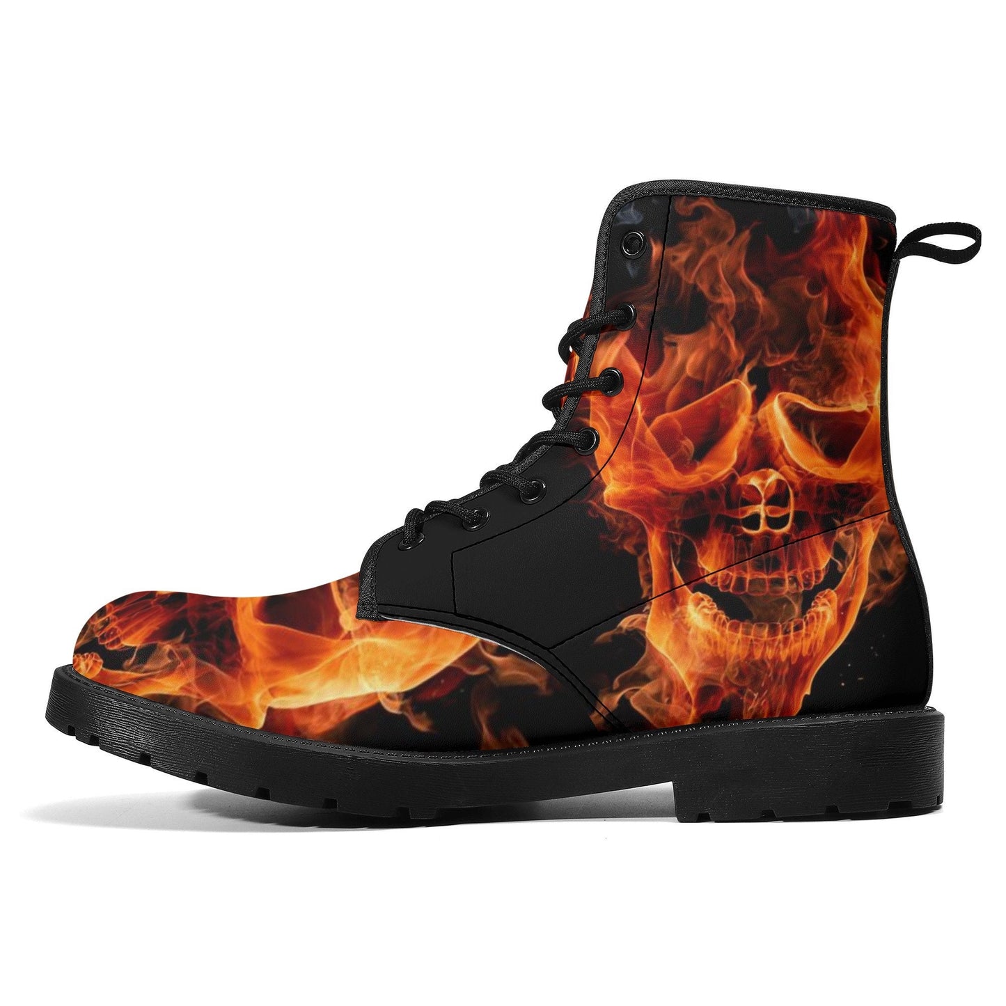 Flaming skull leather boots, fire skull boots for men women, Halloween skull women's boots skeleton boots, skull in fire leather boots shoes