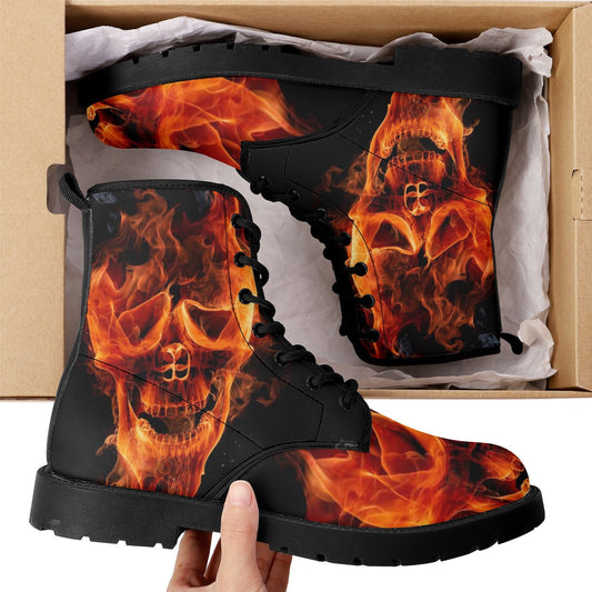 Flaming skull leather boots, fire skull boots for men women, Halloween skull women's boots skeleton boots, skull in fire leather boots shoes