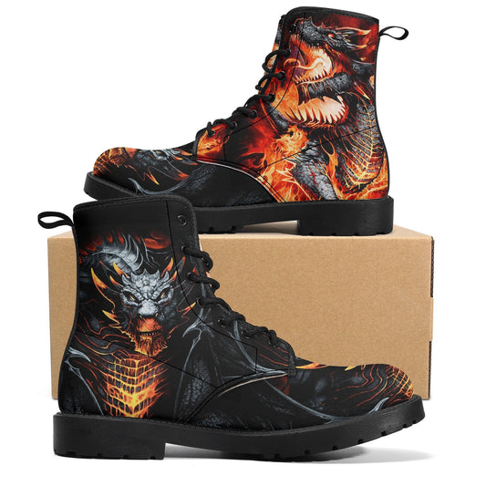 Dragon skull leather boots, Gothic skull boots for men women, Flaming skull women's boots skeleton boots, evil Bikers skull leather boots