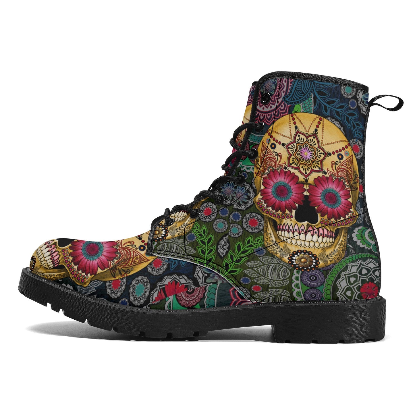 Candy skull day of the dead leather boots, Sugar Mexico skull boots for men women, Dia de los muertos skull boots shoes, Floral skull boots
