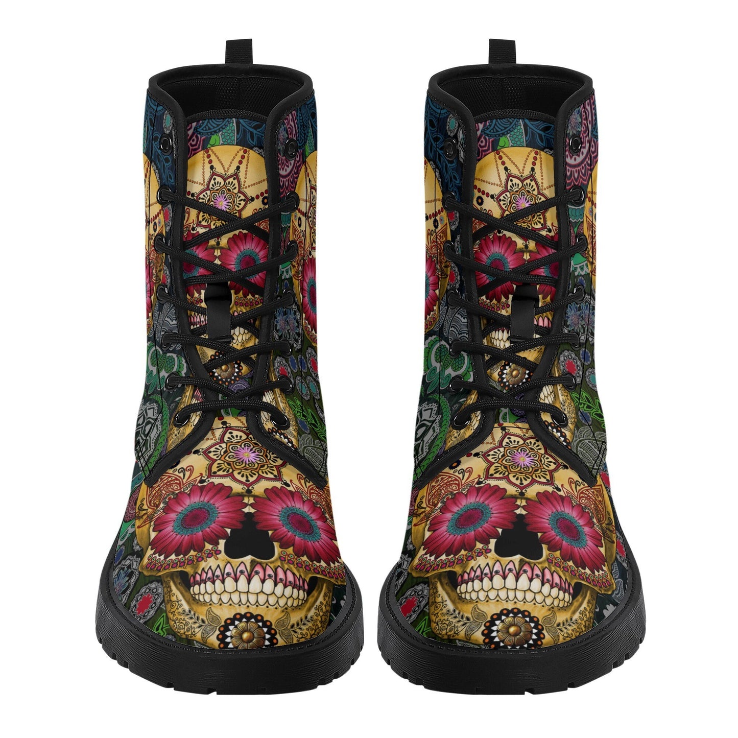 Candy skull day of the dead leather boots, Sugar Mexico skull boots for men women, Dia de los muertos skull boots shoes, Floral skull boots