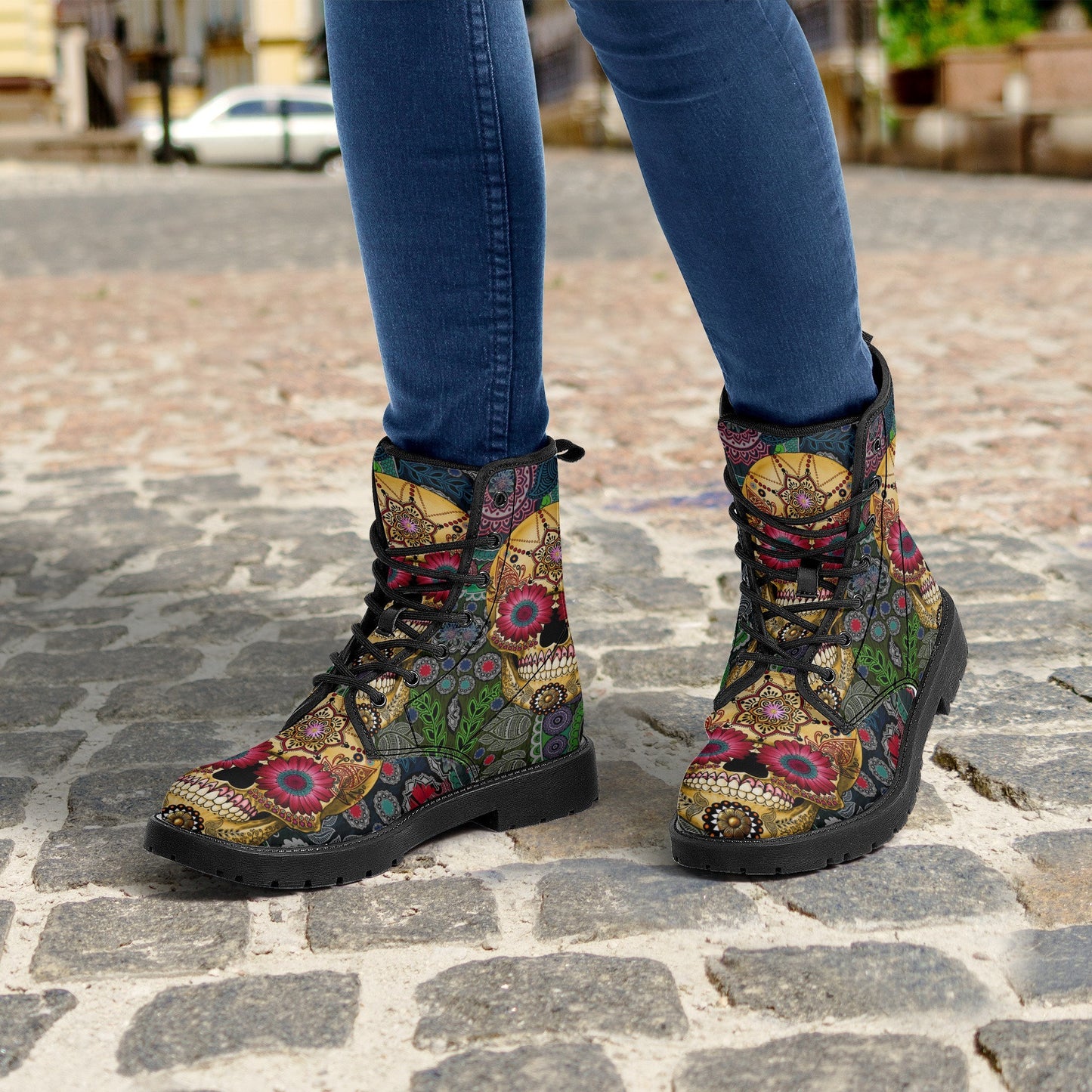 Candy skull day of the dead leather boots, Sugar Mexico skull boots for men women, Dia de los muertos skull boots shoes, Floral skull boots