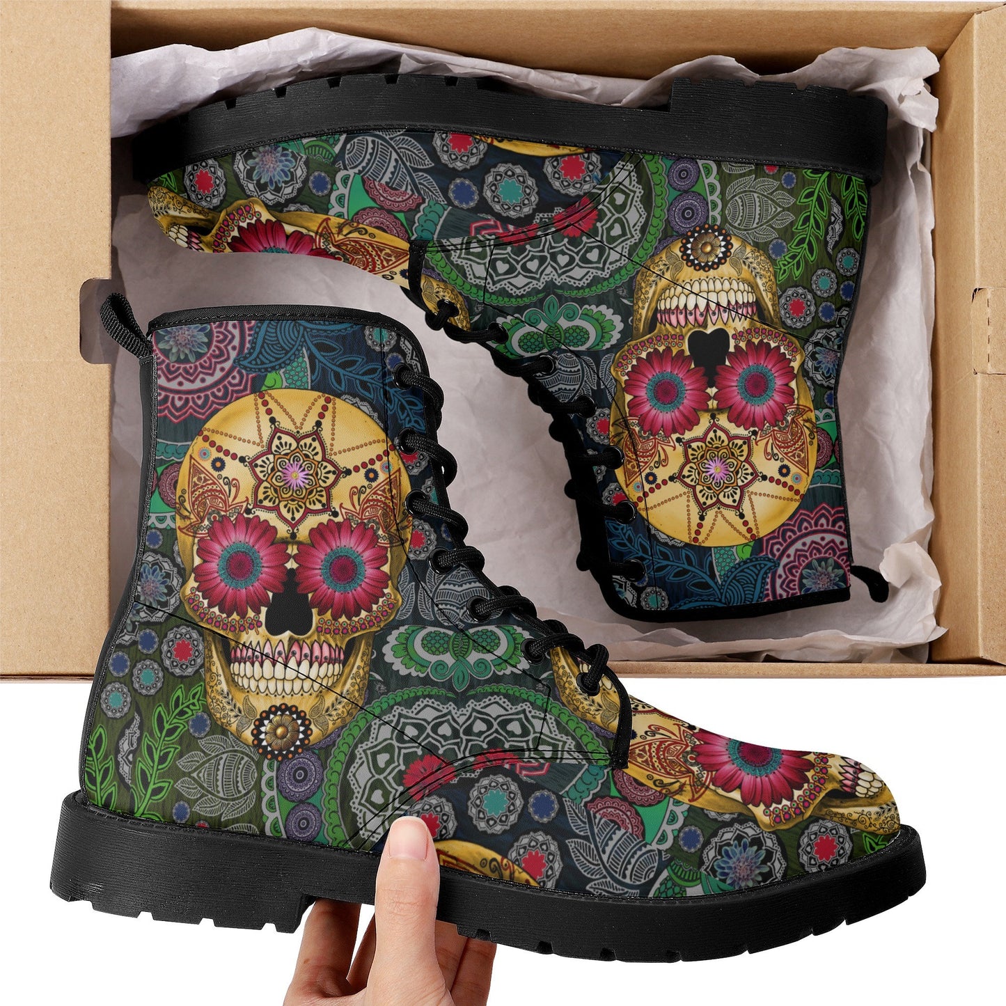 Candy skull day of the dead leather boots, Sugar Mexico skull boots for men women, Dia de los muertos skull boots shoes, Floral skull boots