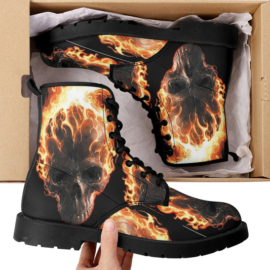 Fire skull grim reaper boots for men women, Flame skull gothic women boots skeleton boots, Flaming grim reaper leather skull boots shoes