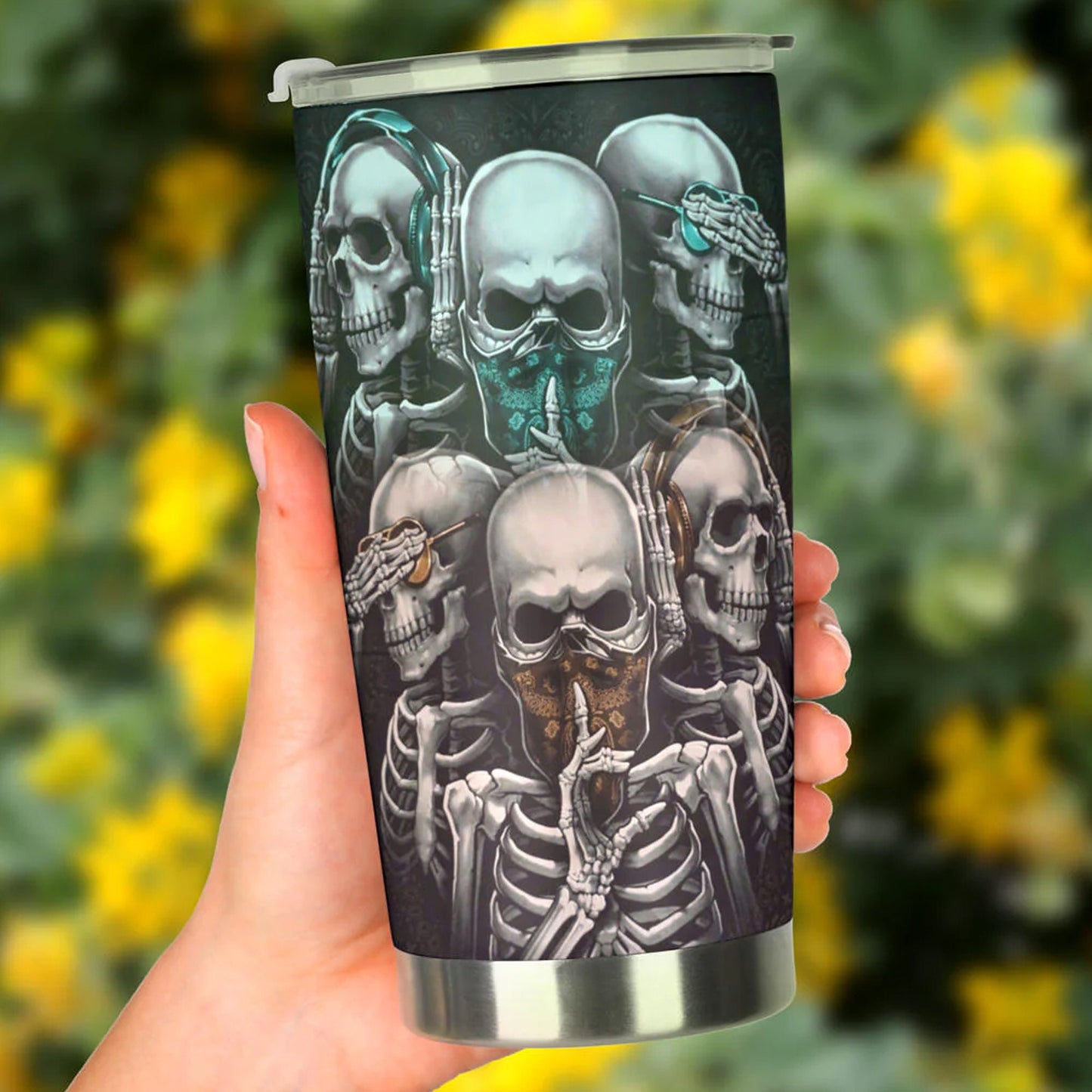 See no hear no speak no skull,  Gothic skull cup mug tumblr, skull travel tumbler, skull mug grim reaper gothic mug cup to travel, skull mug