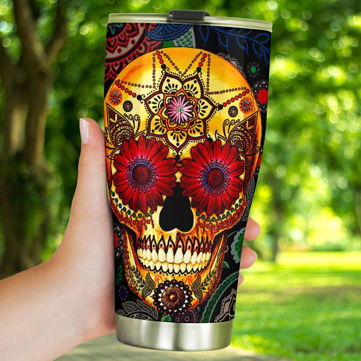 Day of the dead skull tumbler, sugar skull cup mug tumbler, candy skull tumblr, skull tumbler mug cup, Floral skull gothic mug cup tumbler