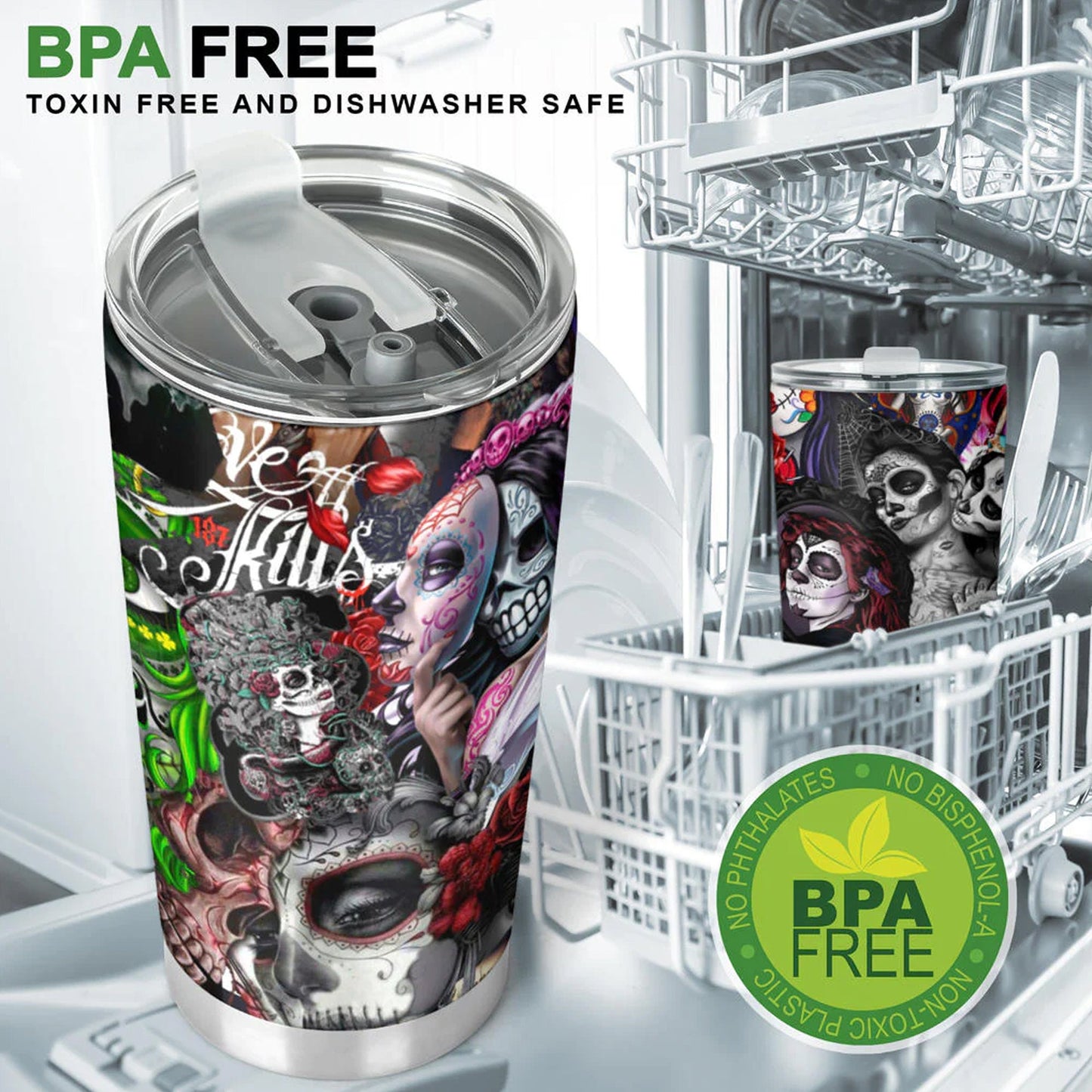 Calaveras skull girl tumblr mug cup, Candy skull cup mug tumbler, sugar skull tumblr mug cup, Dia de los muertos skull Halloween cup tumbler