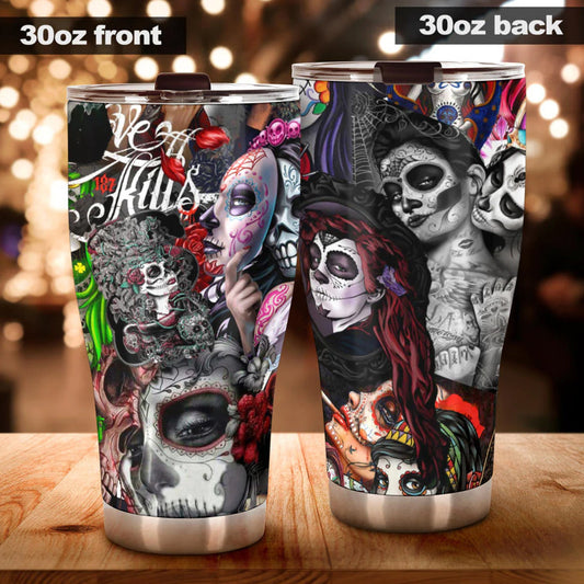 Calaveras skull girl tumblr mug cup, Candy skull cup mug tumbler, sugar skull tumblr mug cup, Dia de los muertos skull Halloween cup tumbler
