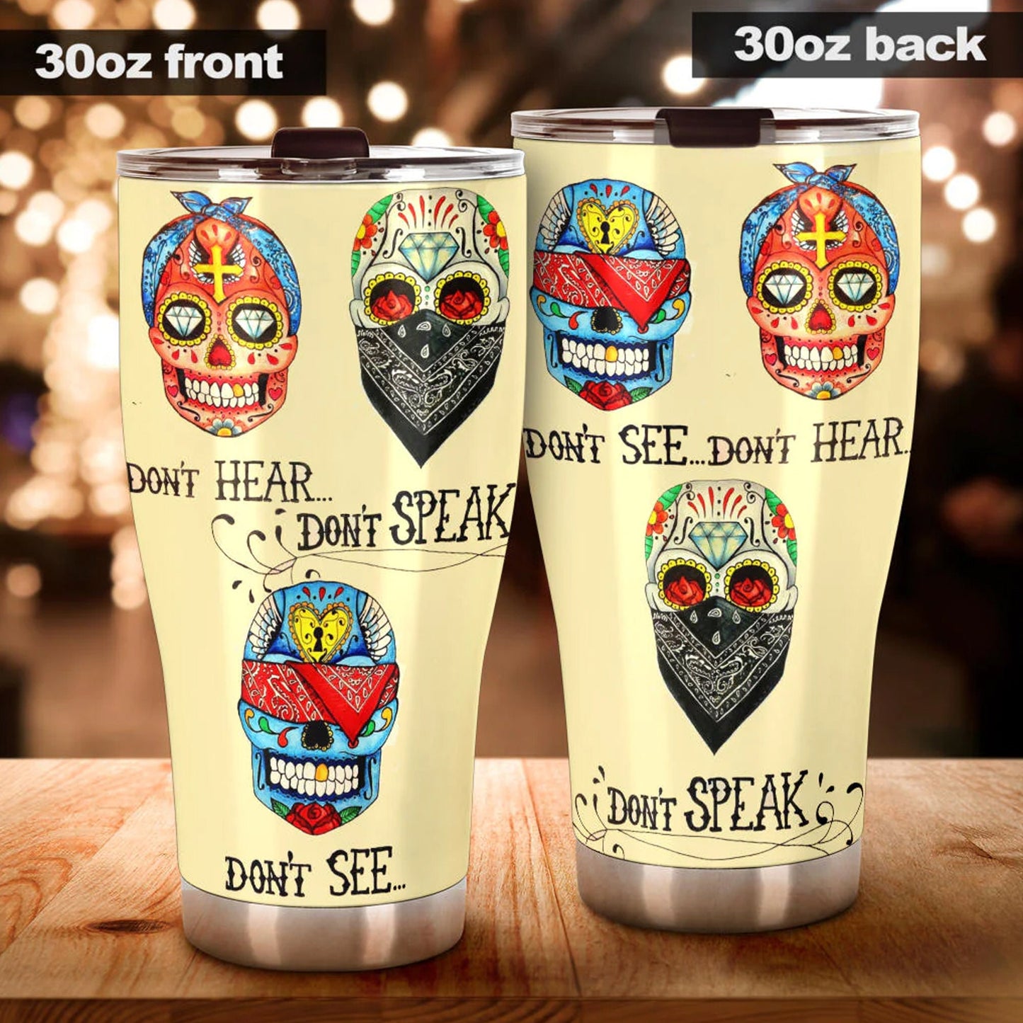 Sugar skull no see no hear no speak tumblr mug cup, Candy skull cup mug tumbler, Day of the dead calaveras skull Halloween mug cup tumbler