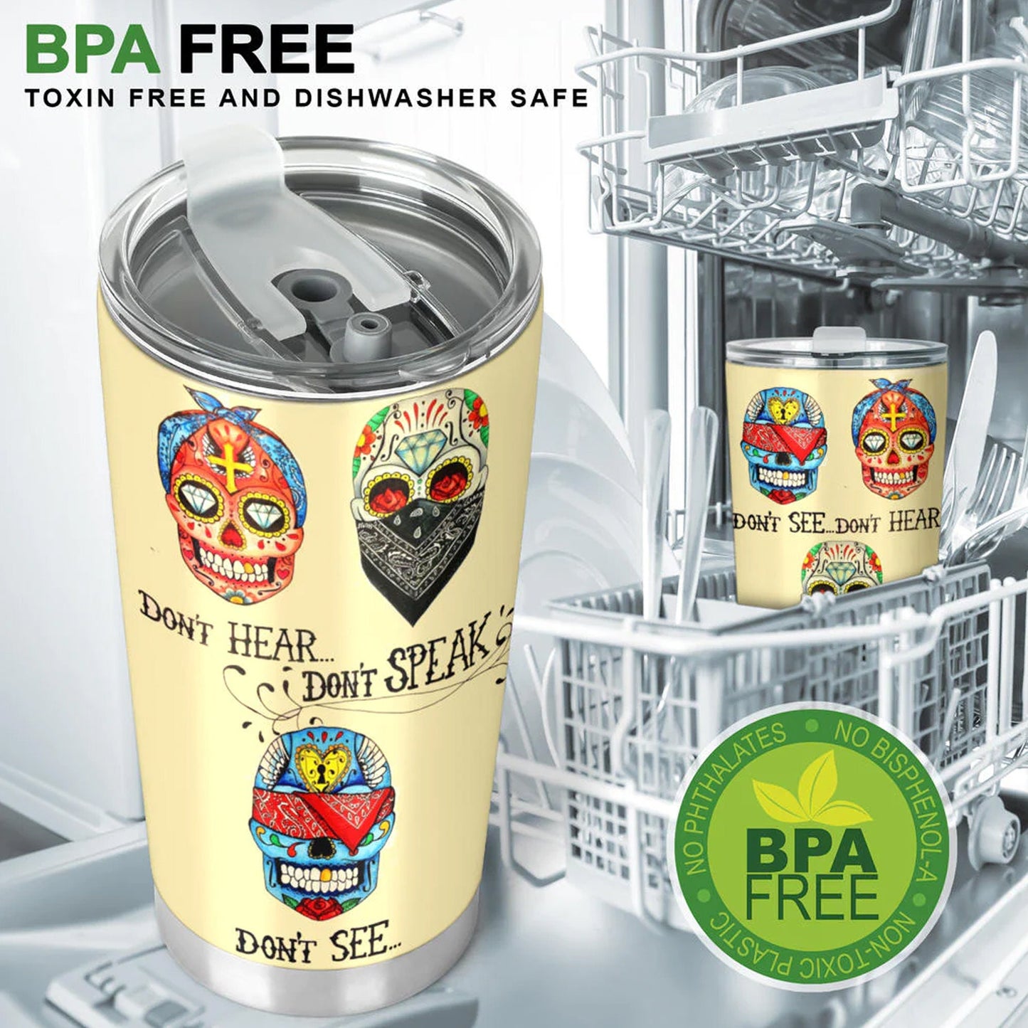 Sugar skull no see no hear no speak tumblr mug cup, Candy skull cup mug tumbler, Day of the dead calaveras skull Halloween mug cup tumbler