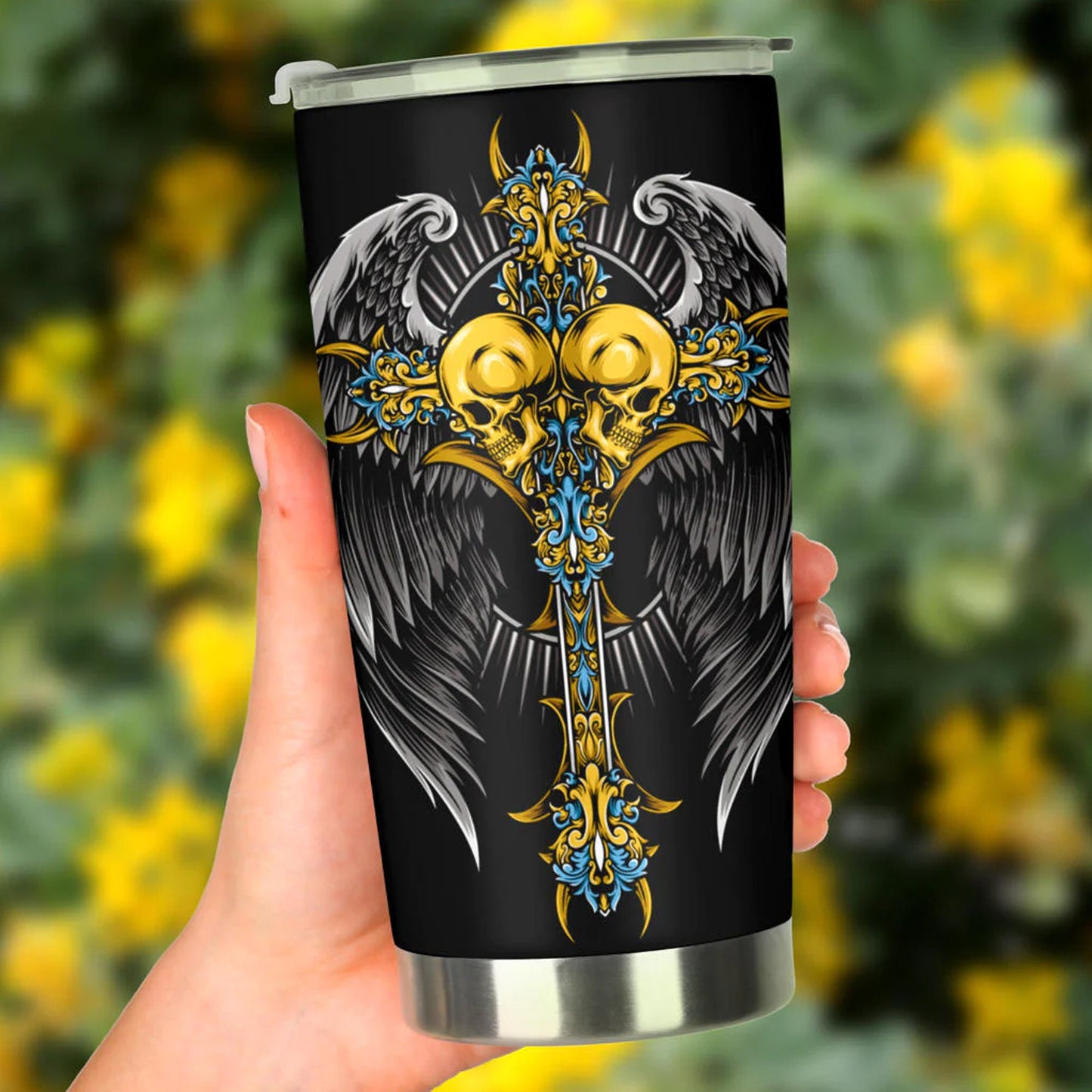 Wing sword skull tumbler, Goth skull cup mug, skull travel tumbler Gothic skull mug tumbler Halloween skull mug grim reaper gothic mug cup