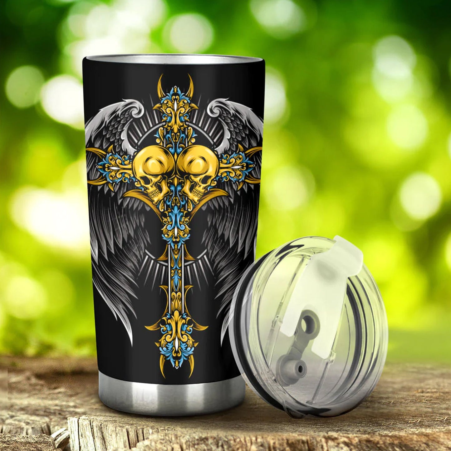 Wing sword skull tumbler, Goth skull cup mug, skull travel tumbler Gothic skull mug tumbler Halloween skull mug grim reaper gothic mug cup