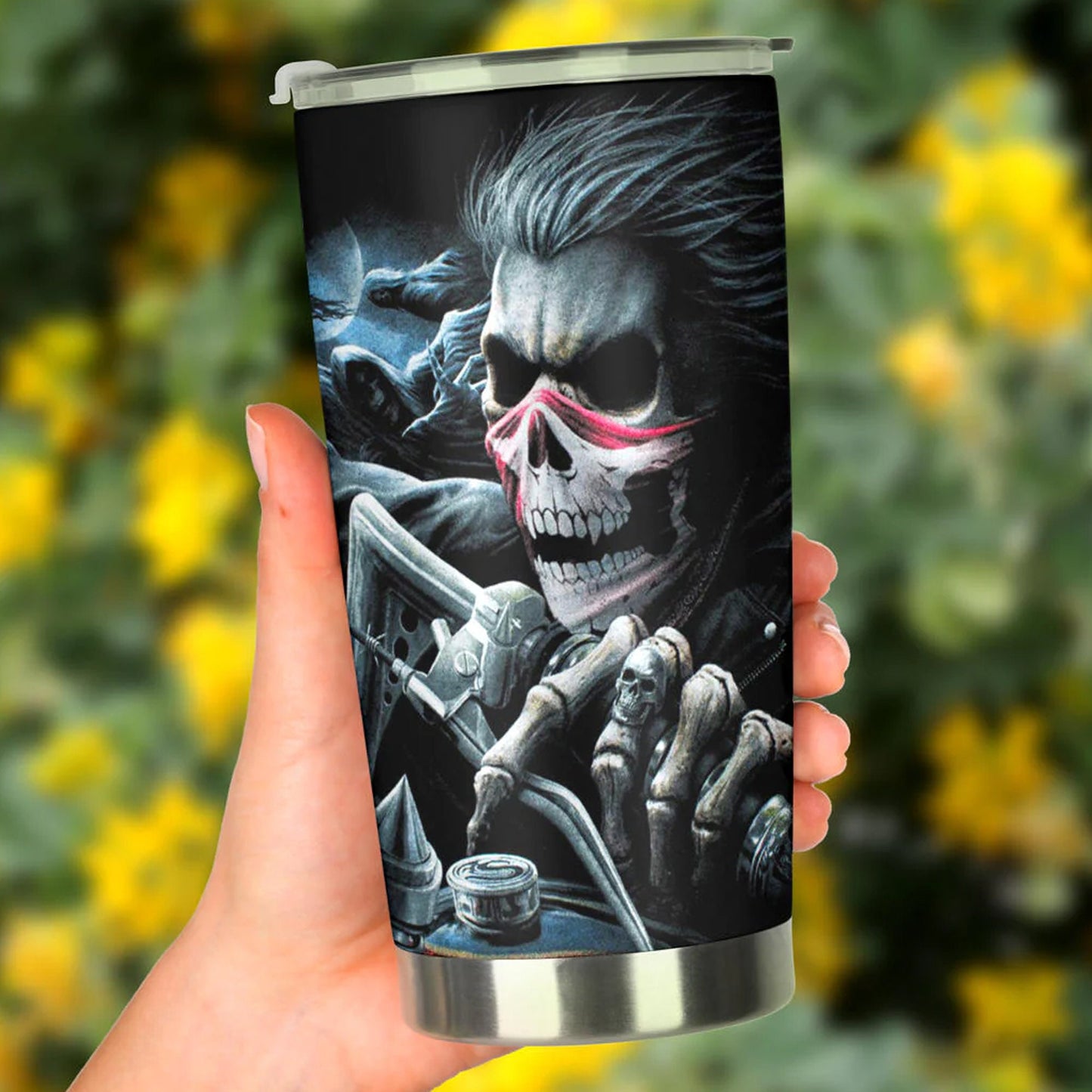 Motorcycle skull tumbler cup, Biker skull cup mug, skull travel tumbler Gothic  skull mug tumbler, grim reaper gothic tumbler cup for biker
