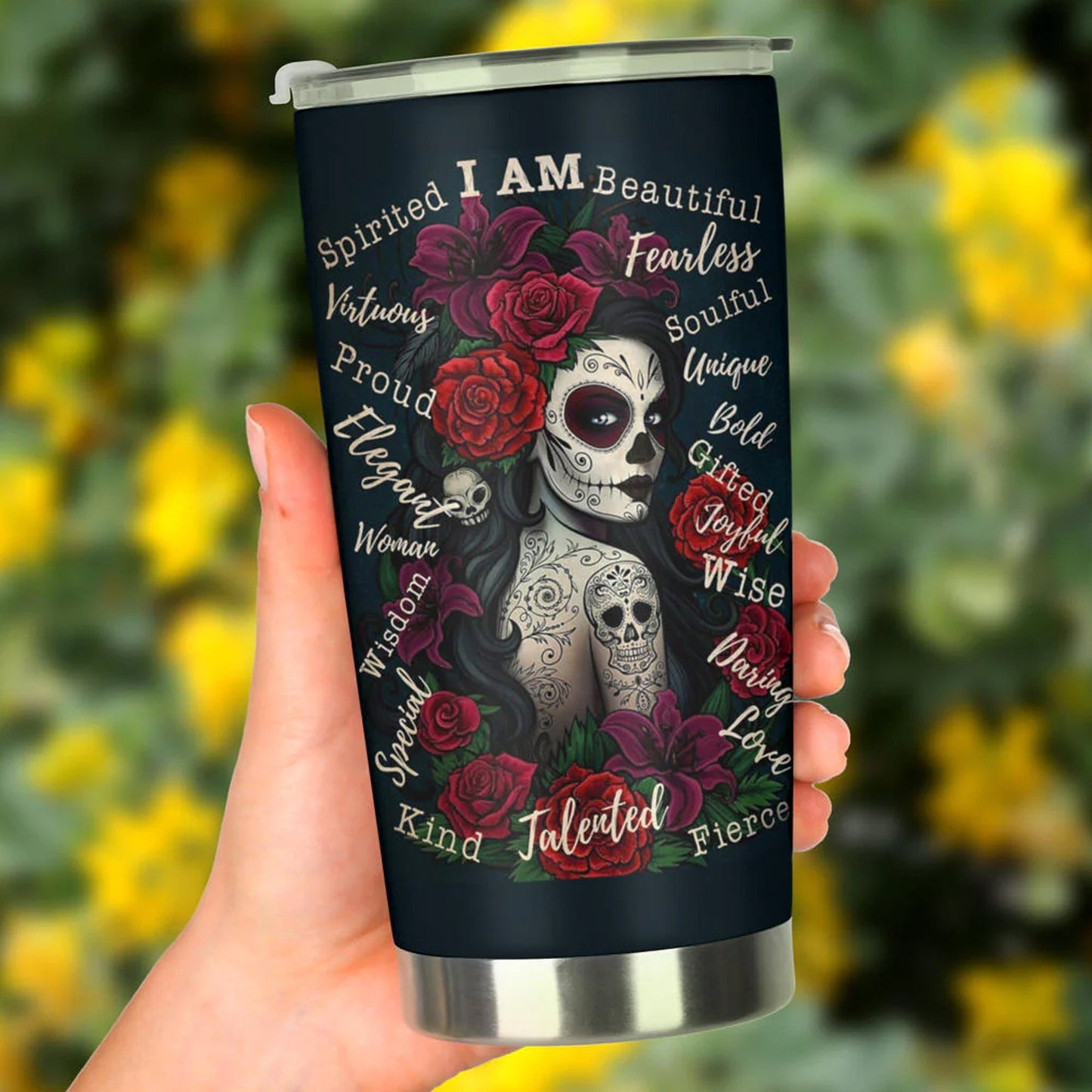 Sugar skull girl tumbler cup, dia de los muertos skull girl mug tumblr, candy skull tumbler mug cup Mexican Halloween gothic tumbler cup mug