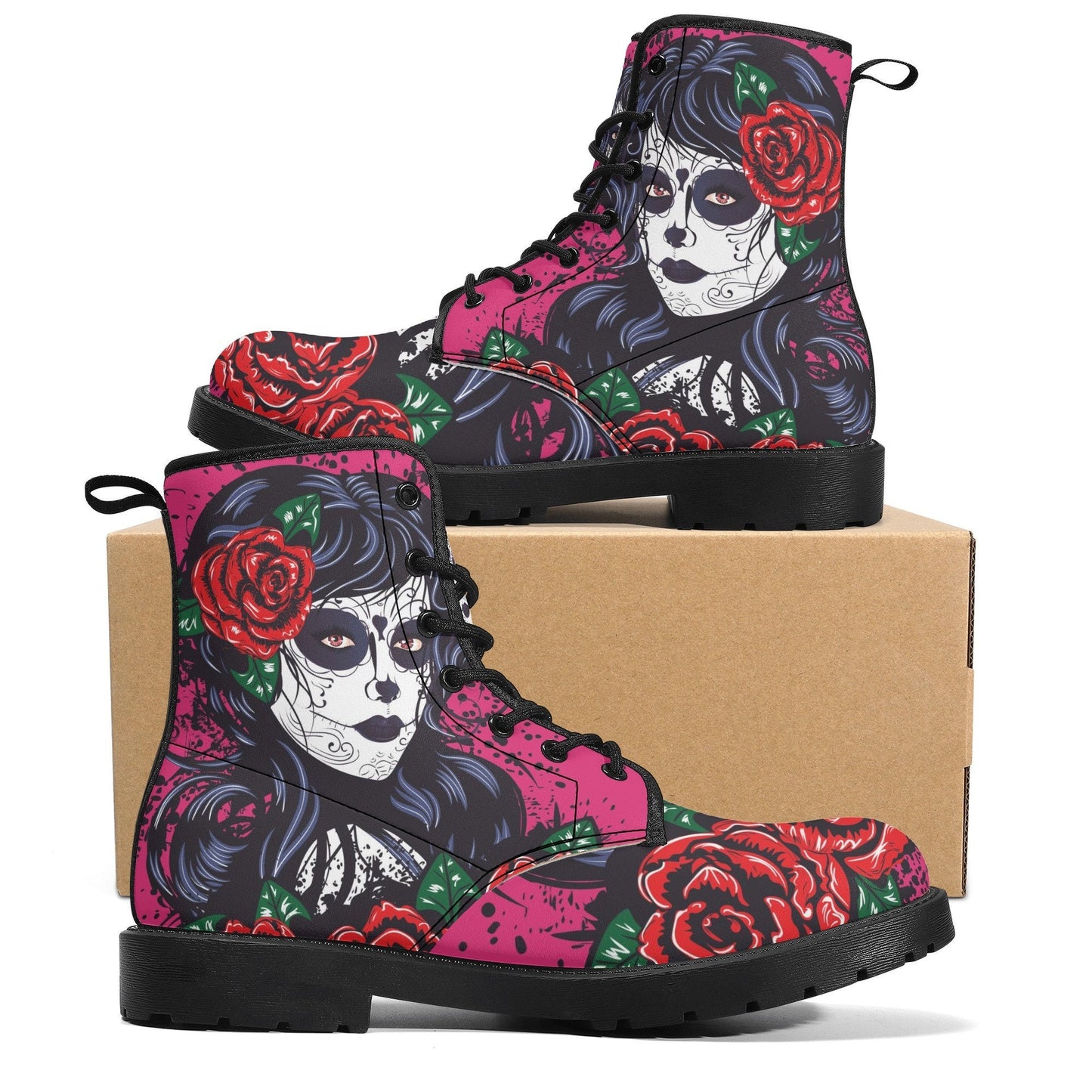 Floral sugar skull girl boots for women grim reaper gothic women boots Halloween Candy skull skeleton boots, rose mexico skull leather boots