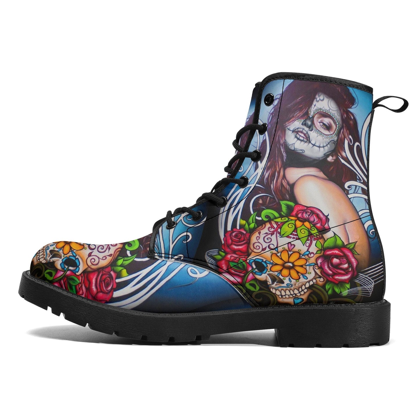 Floral sugar skull girl boots for women grim reaper gothic women boots Halloween Candy skull skeleton boots, rose mexico skull leather boots