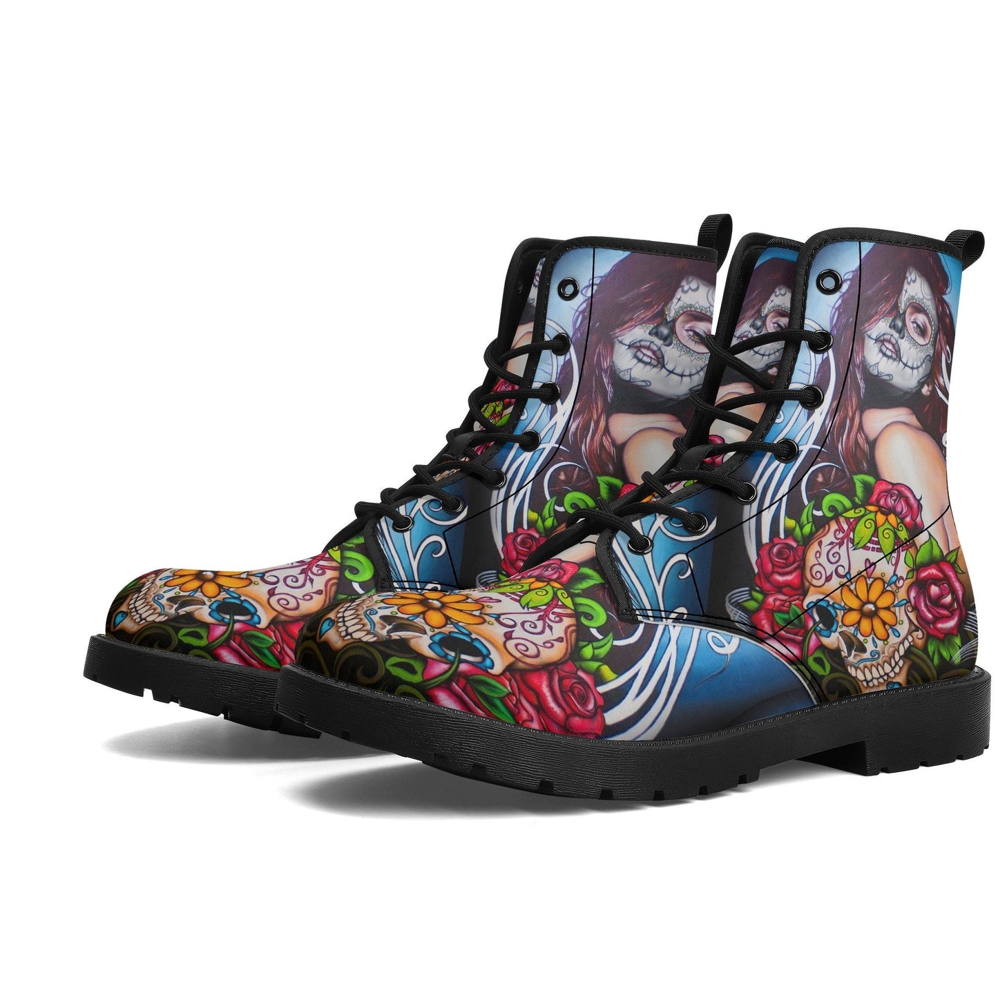 Floral sugar skull girl boots for women grim reaper gothic women boots Halloween Candy skull skeleton boots, rose mexico skull leather boots